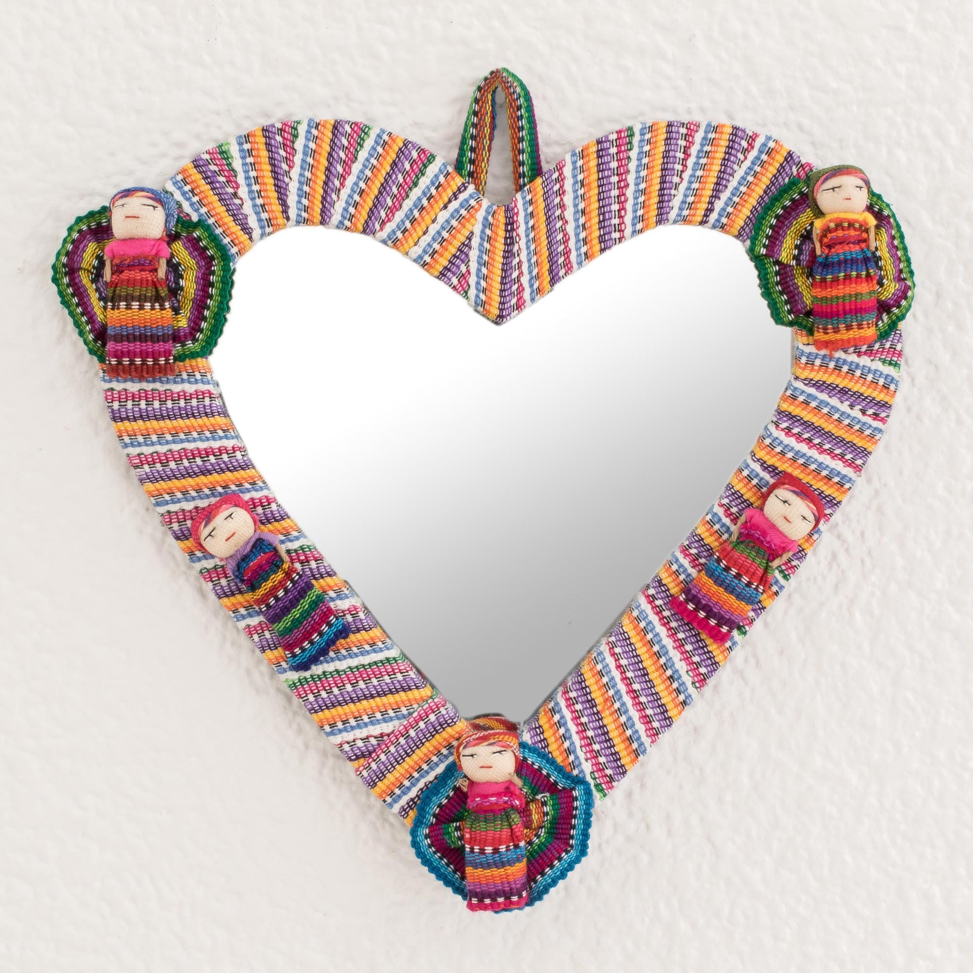 Premium Heart-Shaped Cotton Wall Mirror with Handcrafted Worry Dolls - Ultimate Guatemalan Artisan Decor