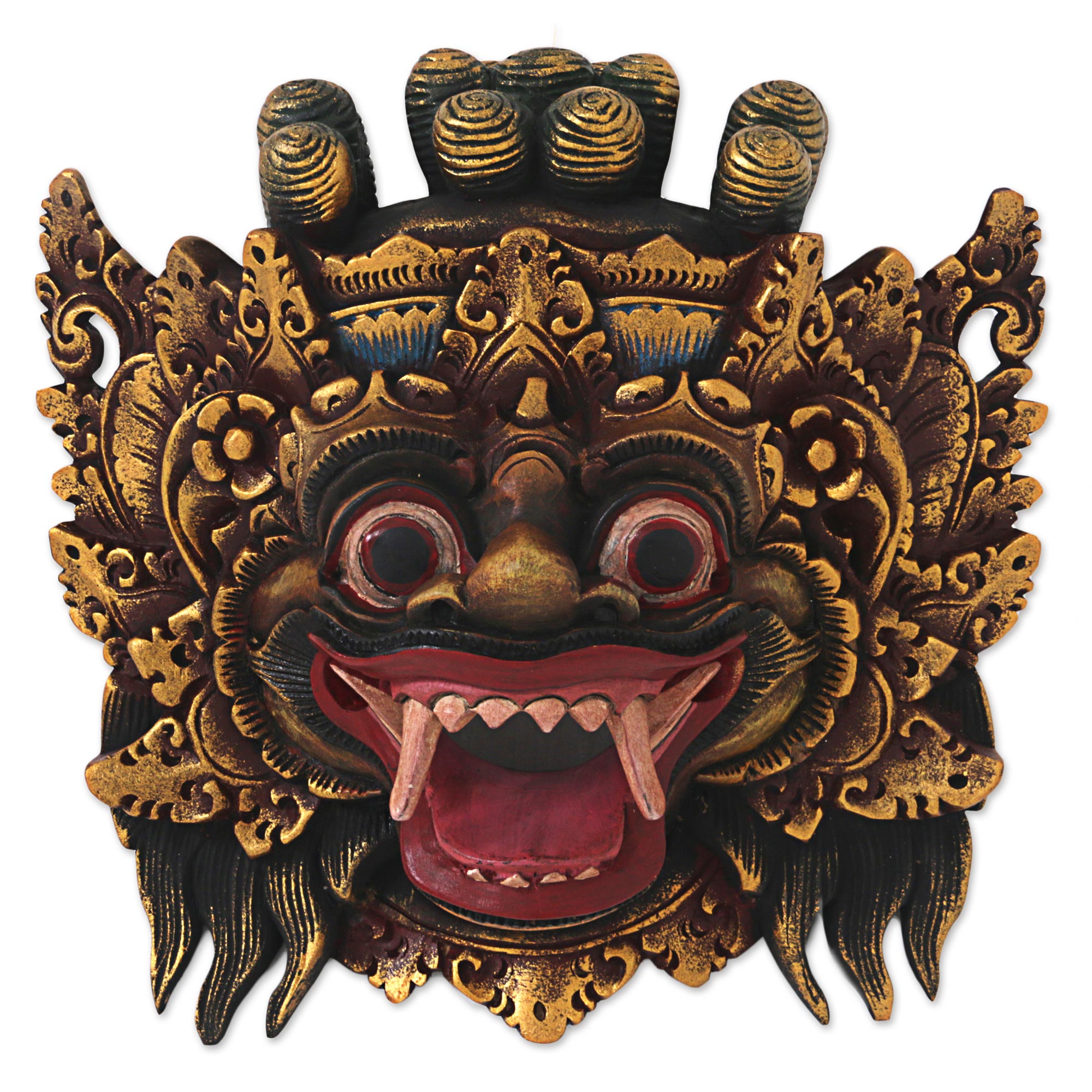 Premium Hand-Carved Barong Lion Mask in Gold - Authentic Indonesian Wall Art