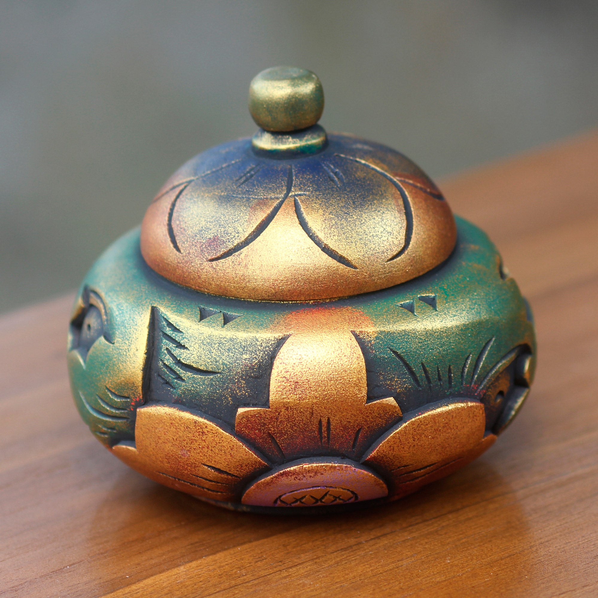 Premium Denpasar Treasure Carved Wood Trinket Box - Handmade in Bali