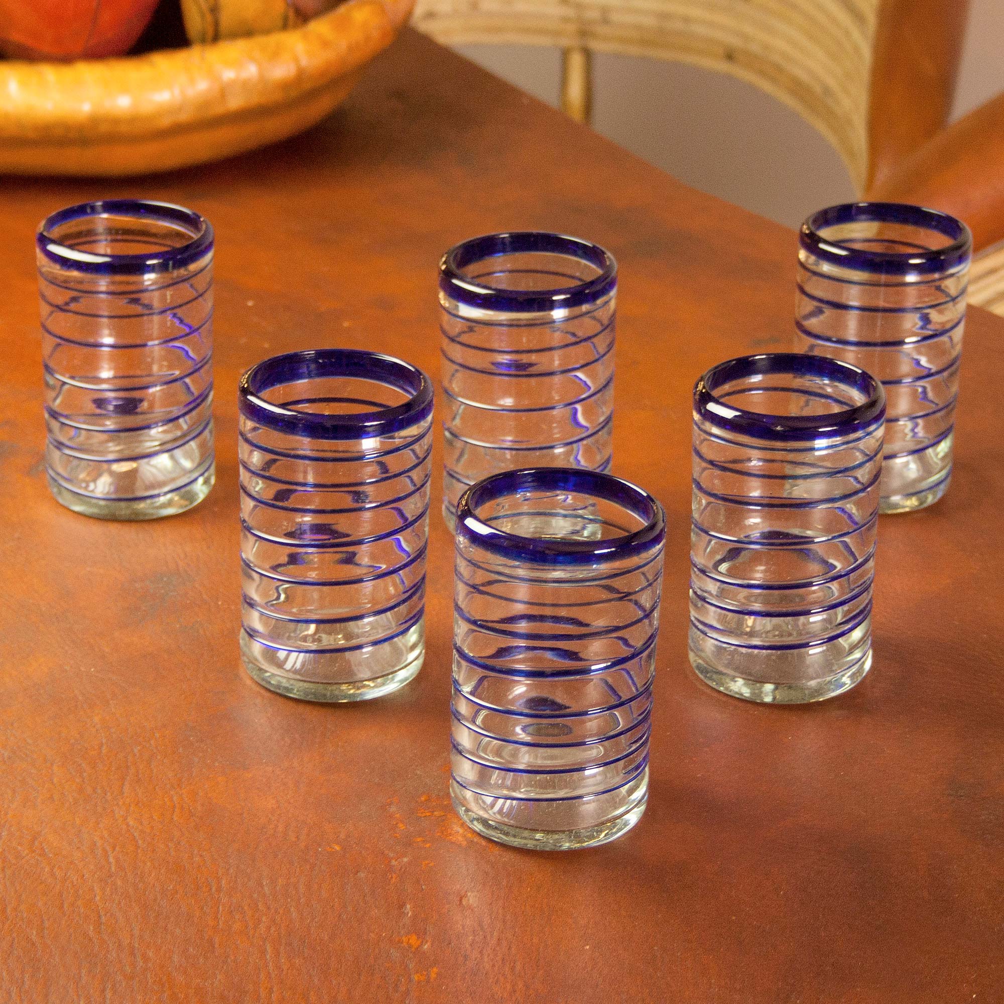 Premium Spirals of Thought Handblown Recycled Glass Striped Blue Drinkware Set - 6 Piece