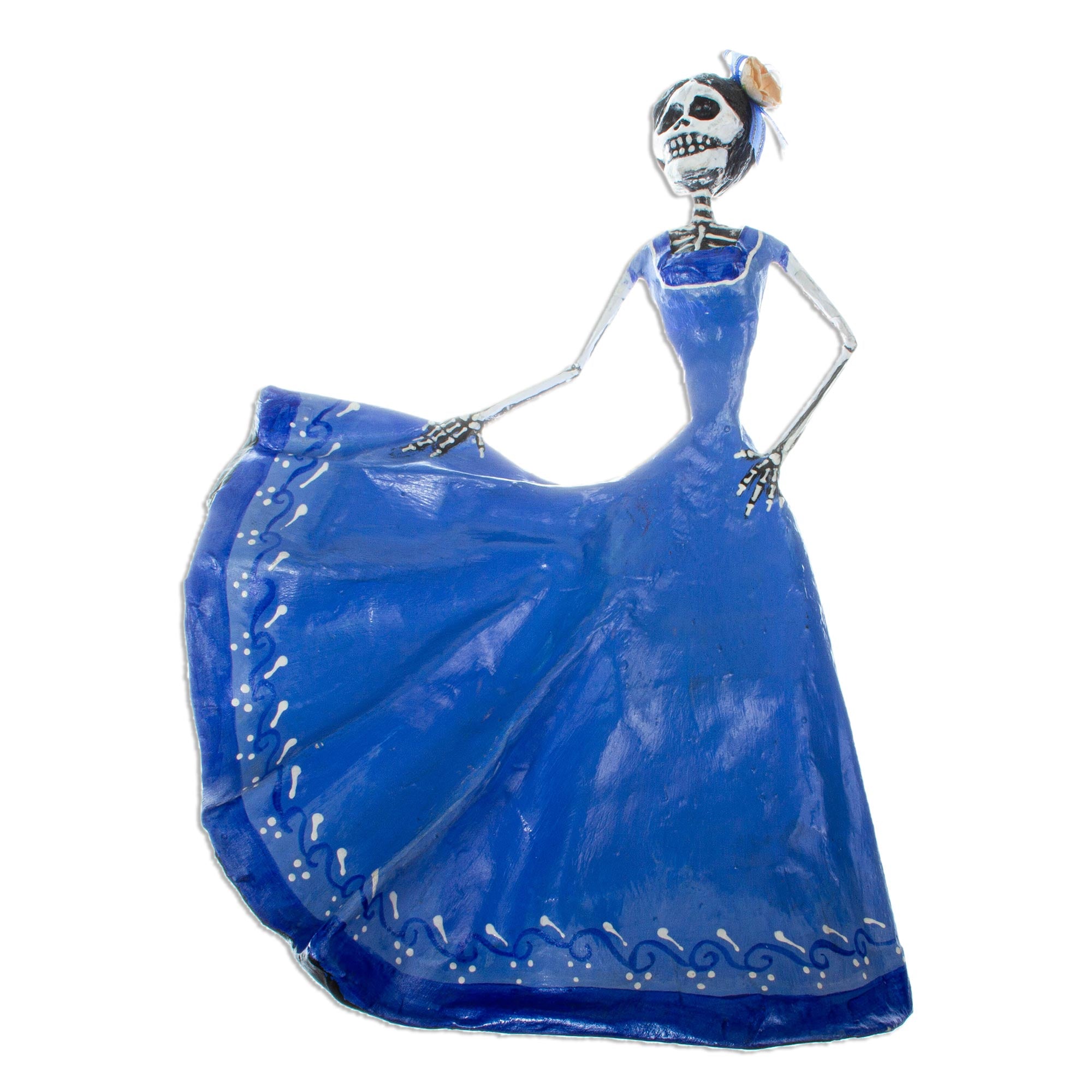 Premium Blue Dancing Catrina - Handcrafted Papier Mache Statuette