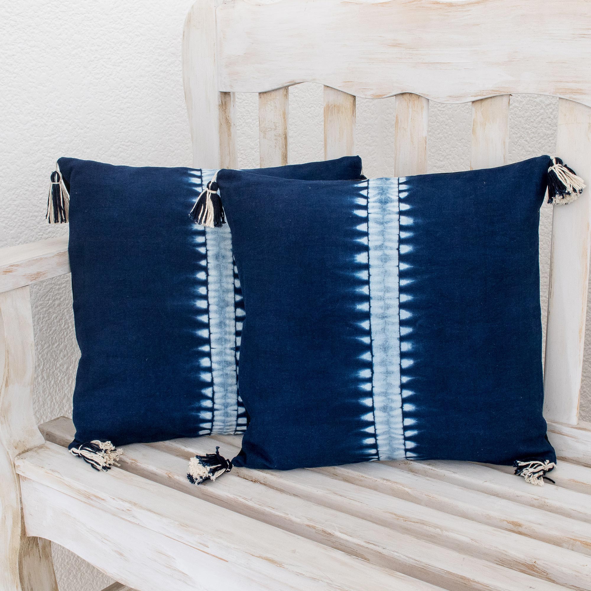 Premium Indigo Striped Tie-Dyed Cotton Cushion Covers (Set of 2)