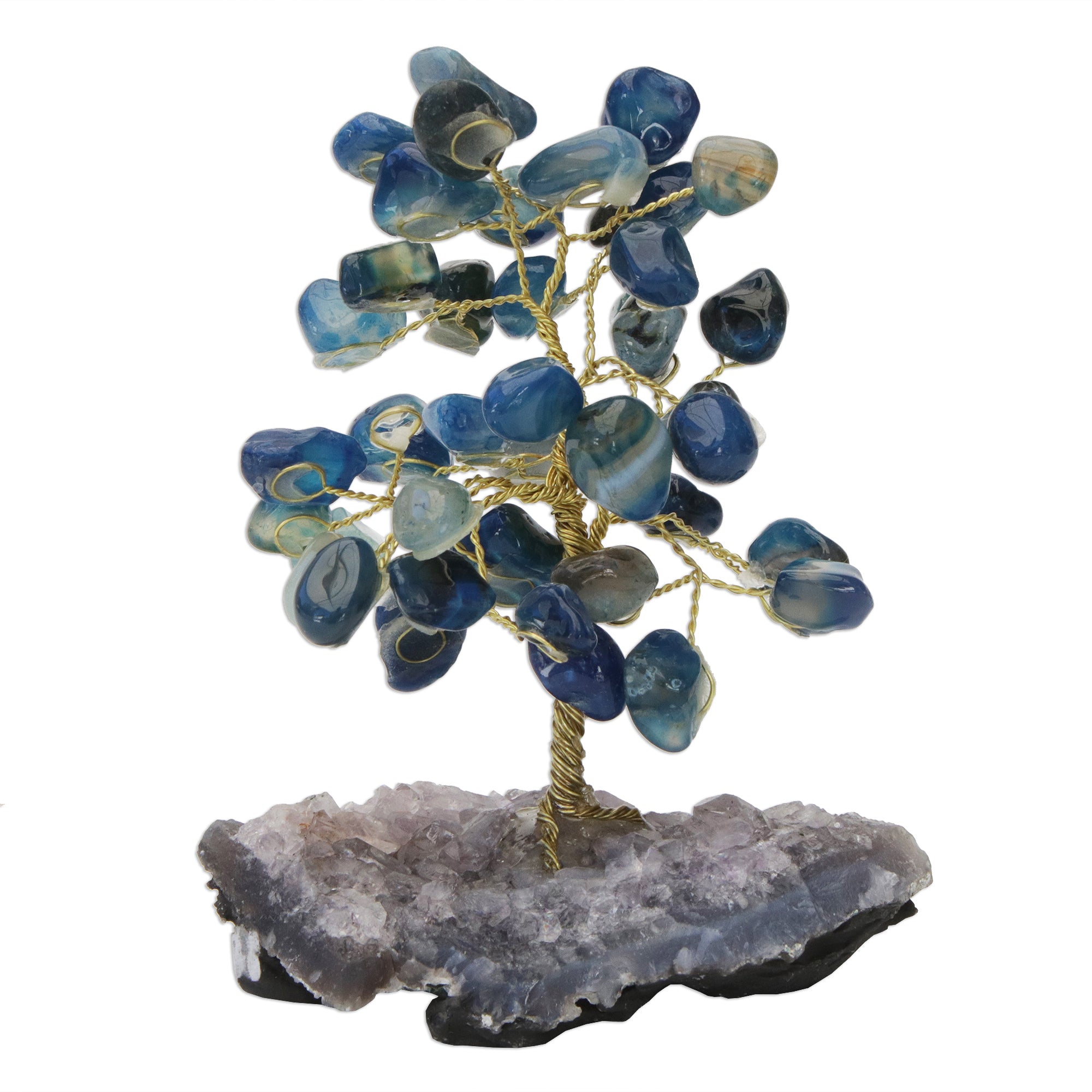 Premium Blue Agate Gemstone Tree with Amethyst Base - Ultimate Calming Decor