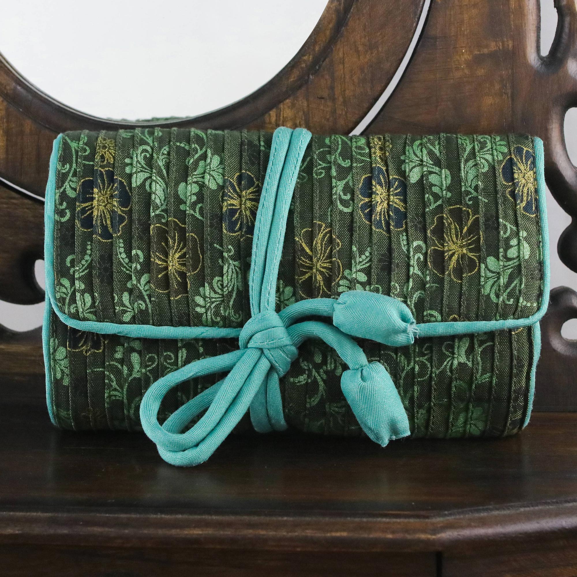 Premium Floral Jewelry Roll - Rayon & Silk Blend in Sage Green by Thai Artisan Vinita