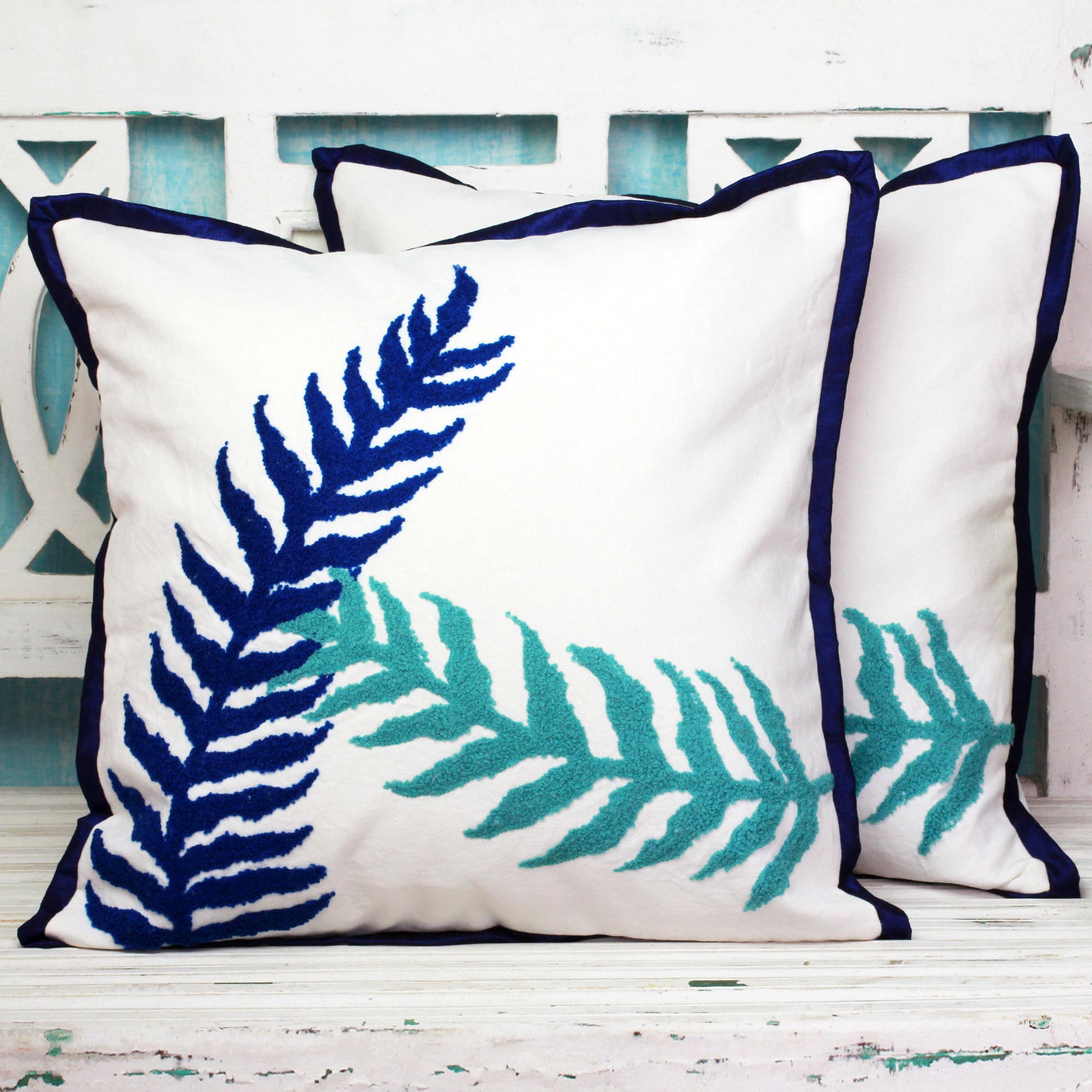 Premium Alluring Leaves Cotton Cushion Covers - Handcrafted Blue & White Pair