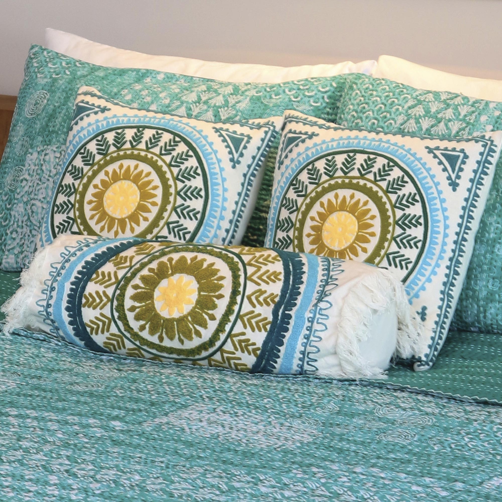 Premium Mandala Glory Bolster Cover - Handcrafted Cotton Embroidered Design from India