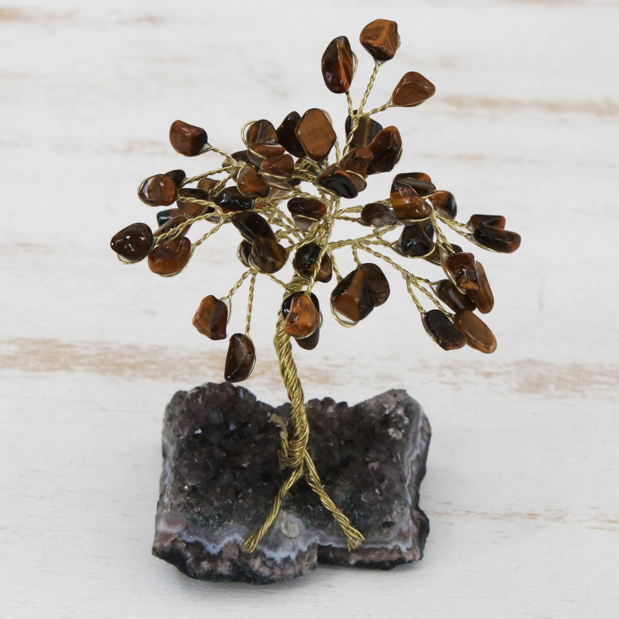 Premium Tiger's Eye & Amethyst Gemstone Tree Sculpture - Handcrafted in Brazil