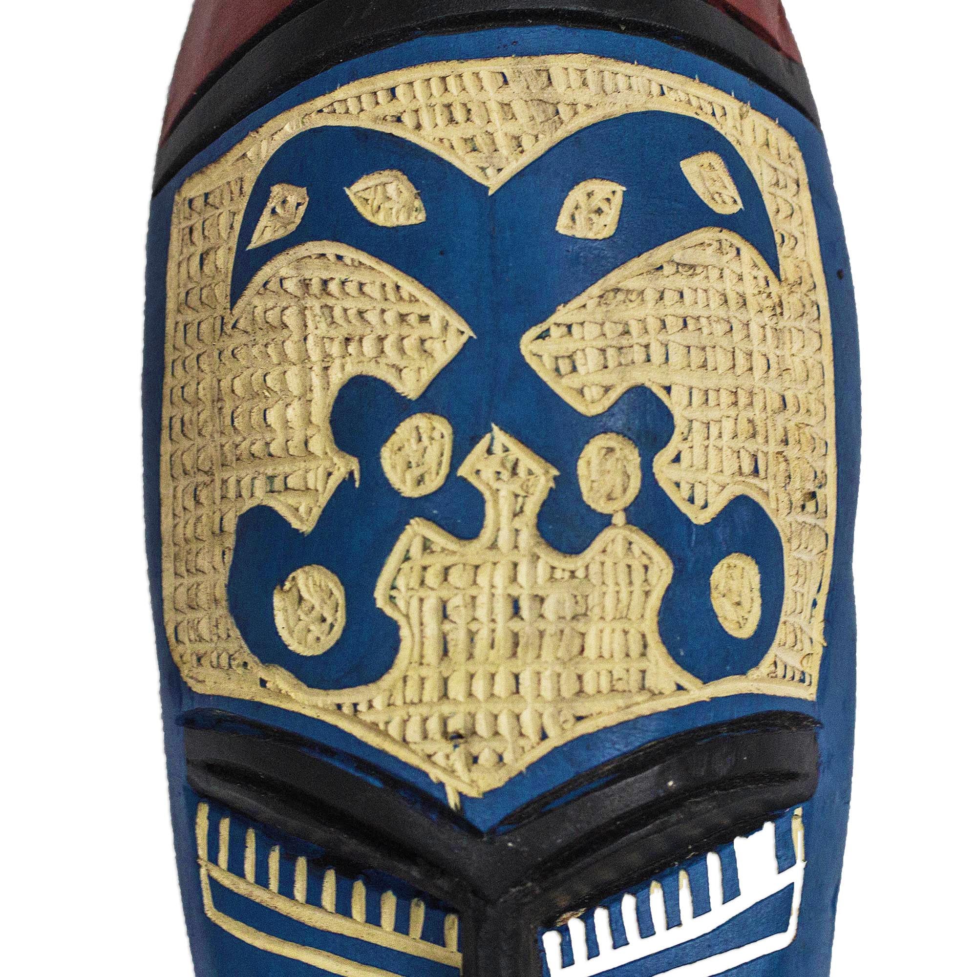 Premium Courageous Ohene African Wall Mask - Handcrafted Blue & Cream Wood Art