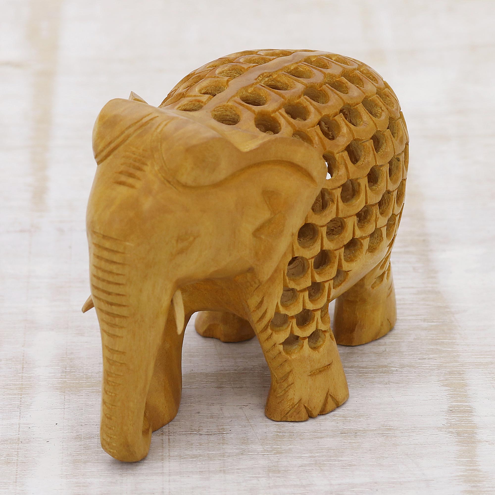 Premium Hand-Carved Kadam Wood Elephant Statuette - Miniature Art Piece