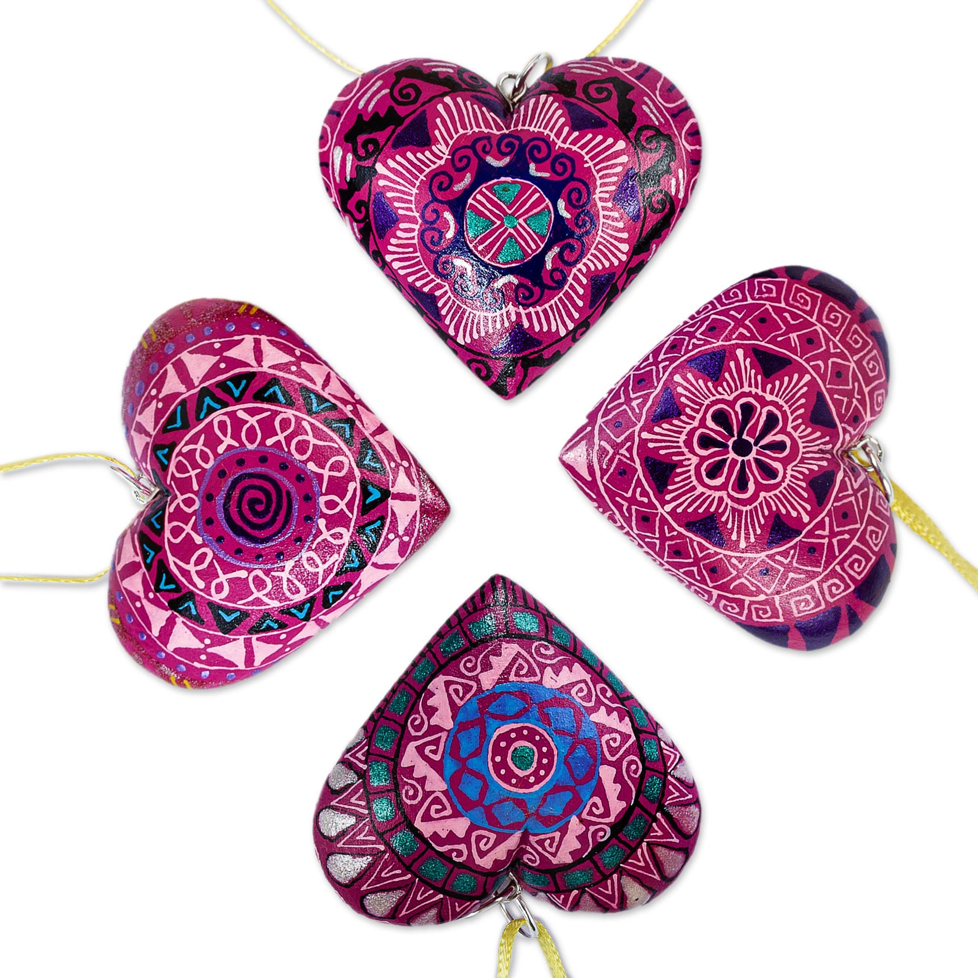 Premium Zapotec Hand-Painted Fuchsia Wood Heart Ornaments - Set of 4