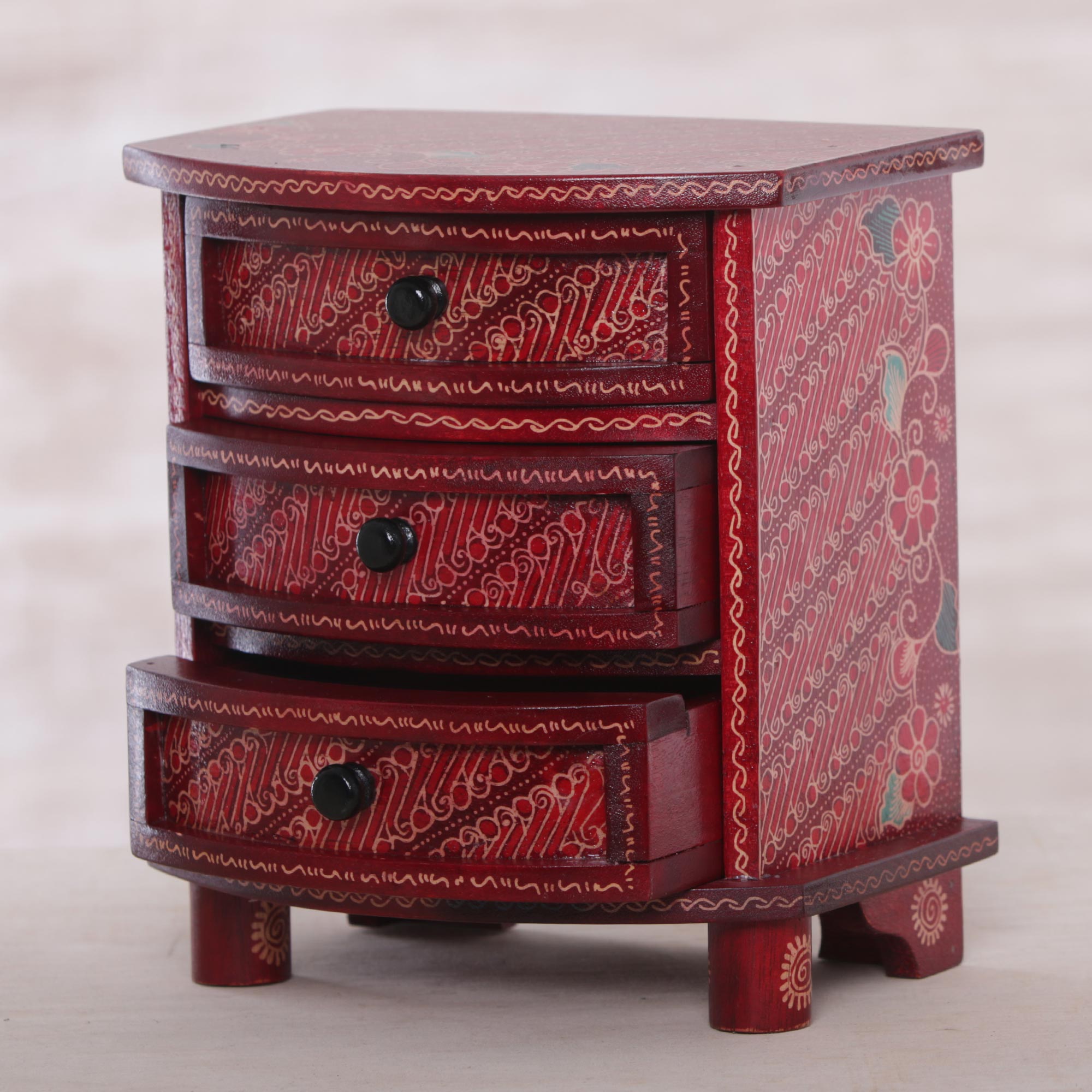 Premium Scarlet Scrolls Batik Jewelry Box - Handcrafted Parang Motif
