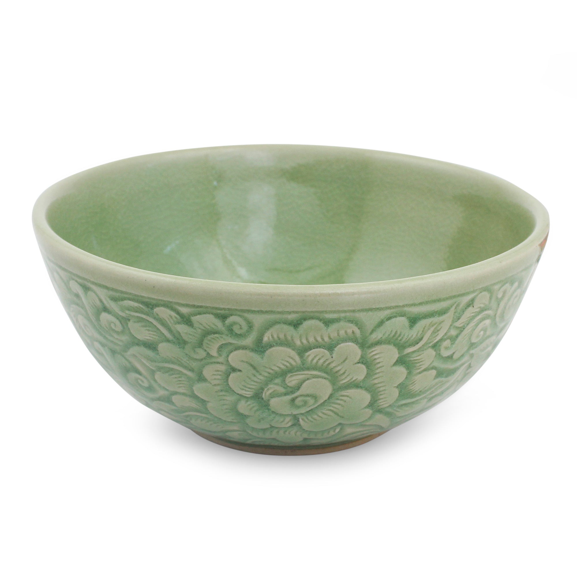 Premium Green Peony Thai Celadon Ceramic Bowl - Artisan Crafted Floral Design