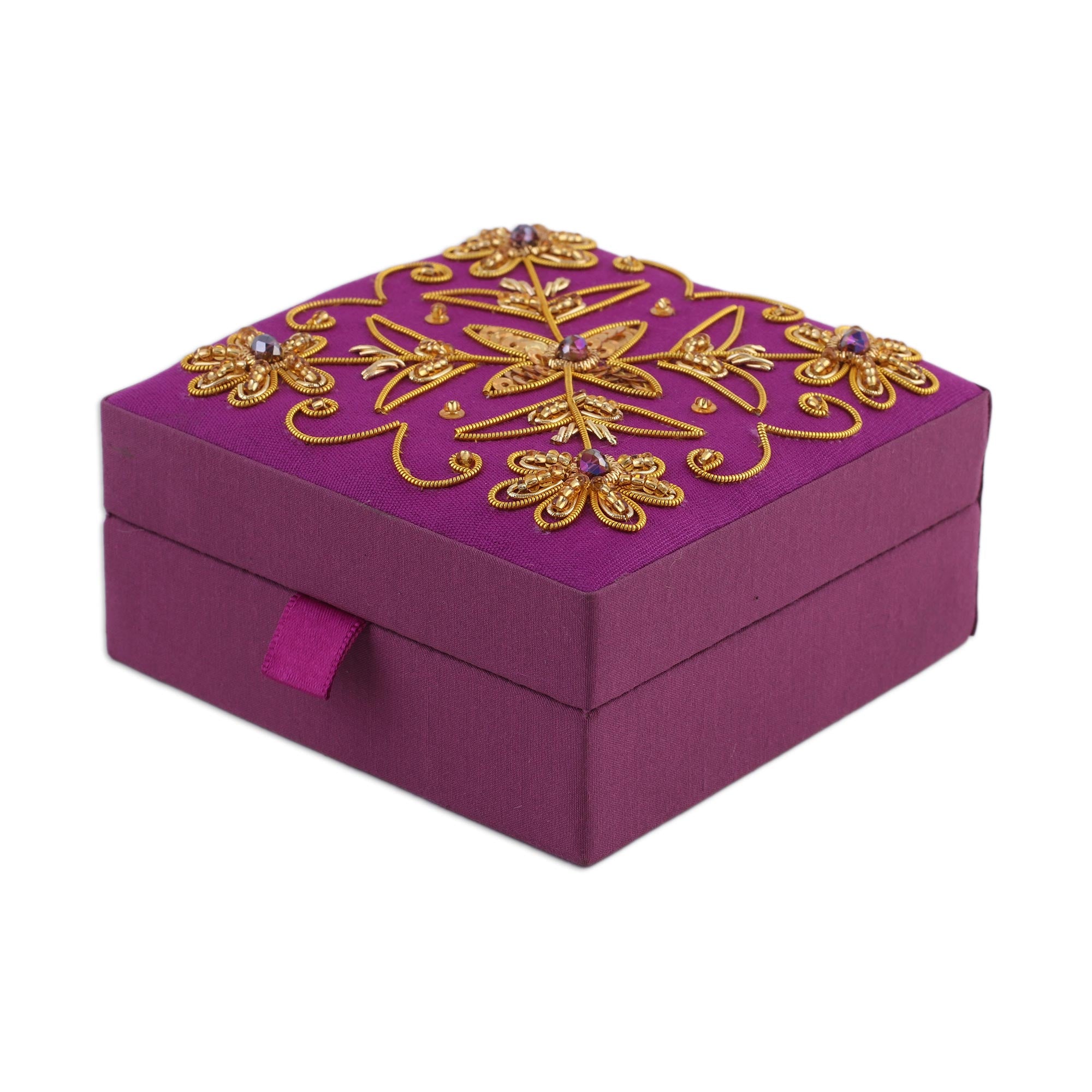 Premium Zardozi Embroidered Purple Cotton Decorative Box