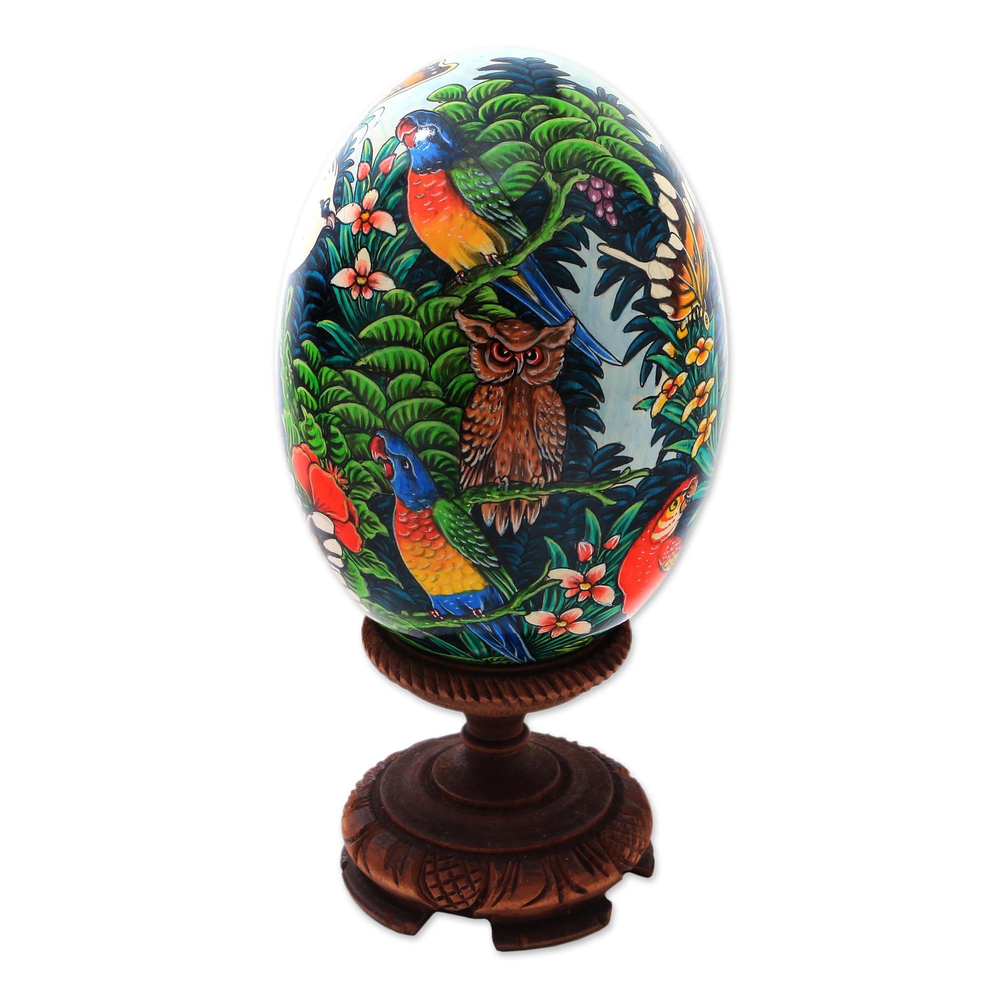 Premium Hand-Painted Albesia Wood Forest Animal Egg Sculpture - Unique Artisan Craft