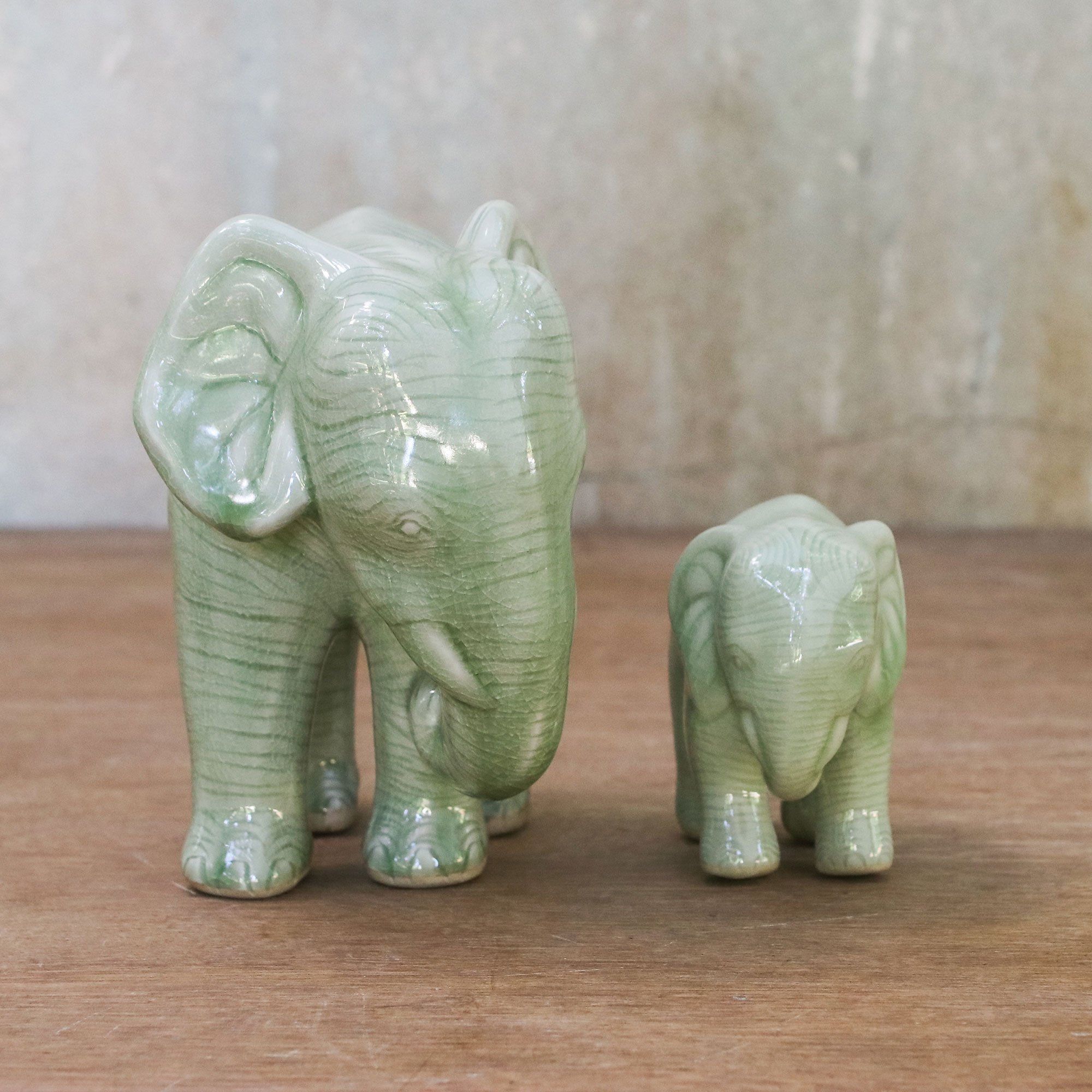 Premium Mother & Baby Elephant Celadon Ceramic Sculptures