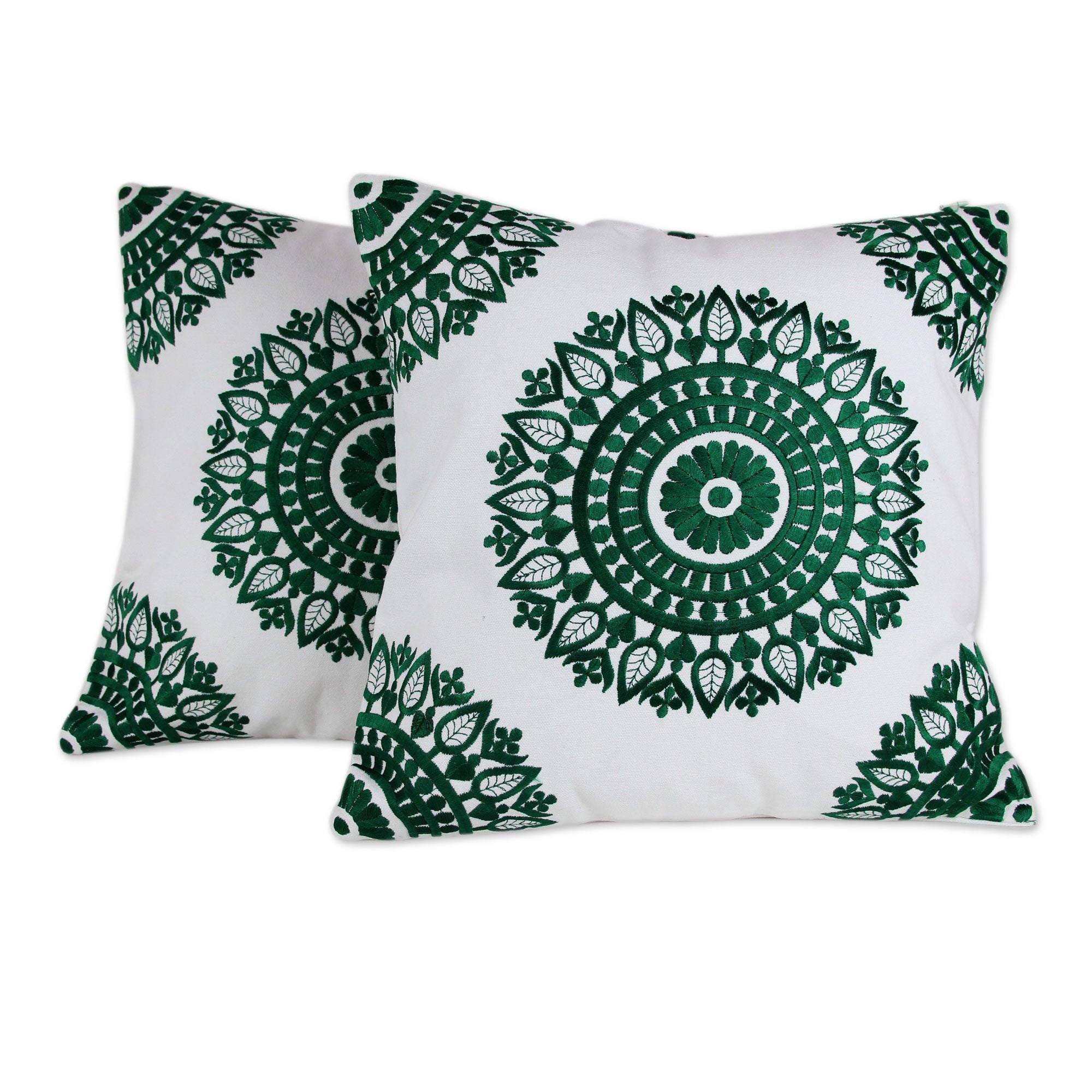 Premium Emerald Bliss Embroidered Cotton Cushion Covers (Pair)