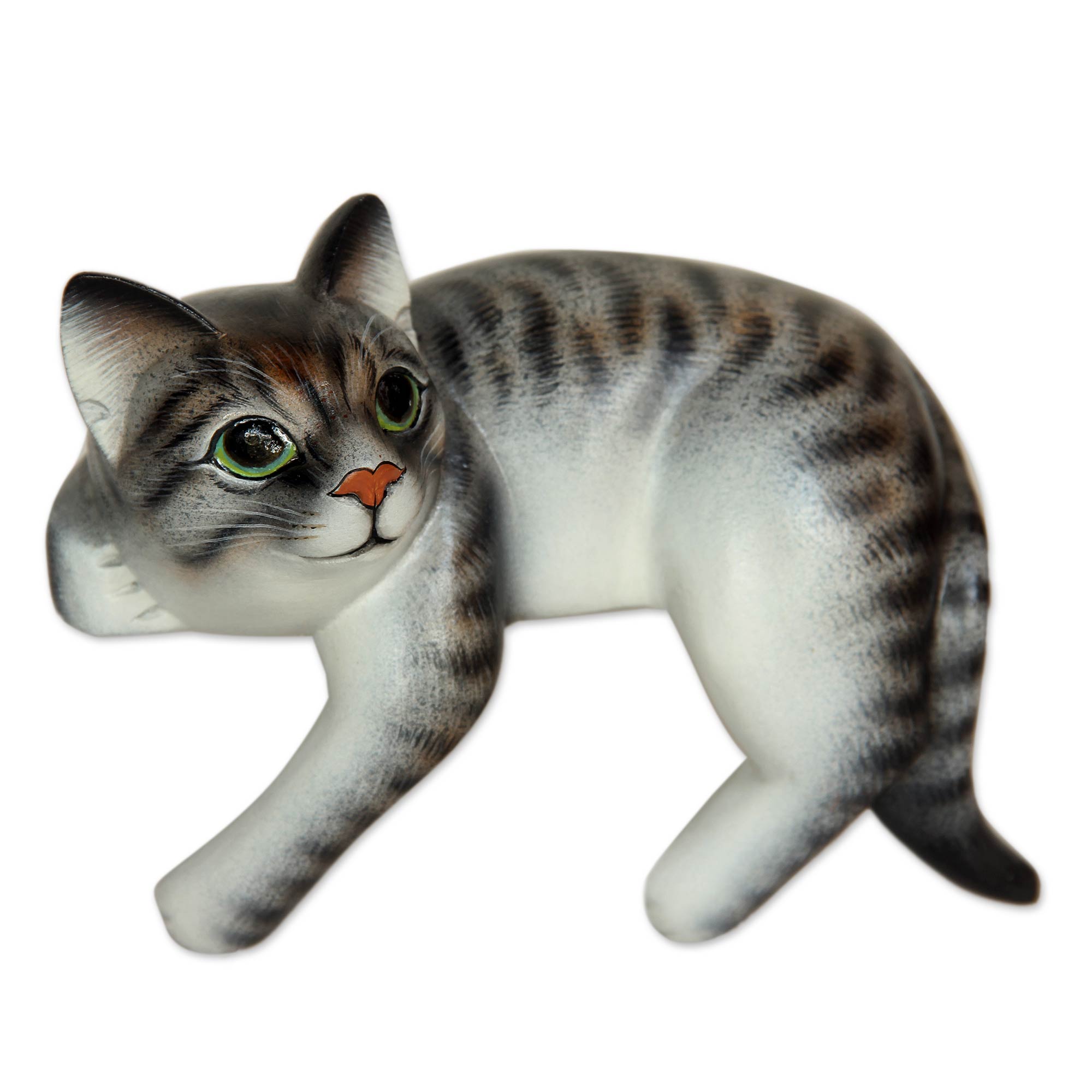 Premium Balinese Tabby Cat Sculpture - Handcrafted Wood Art