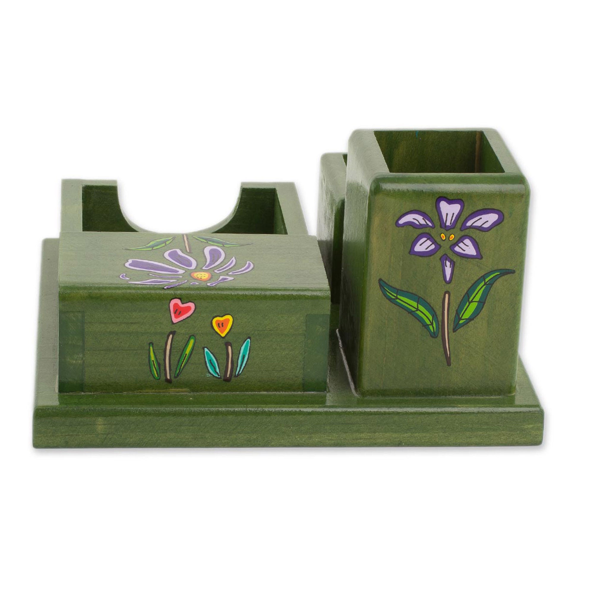 Premium Hand-Painted Pinewood Desk Organizer with Vivid Floral Design