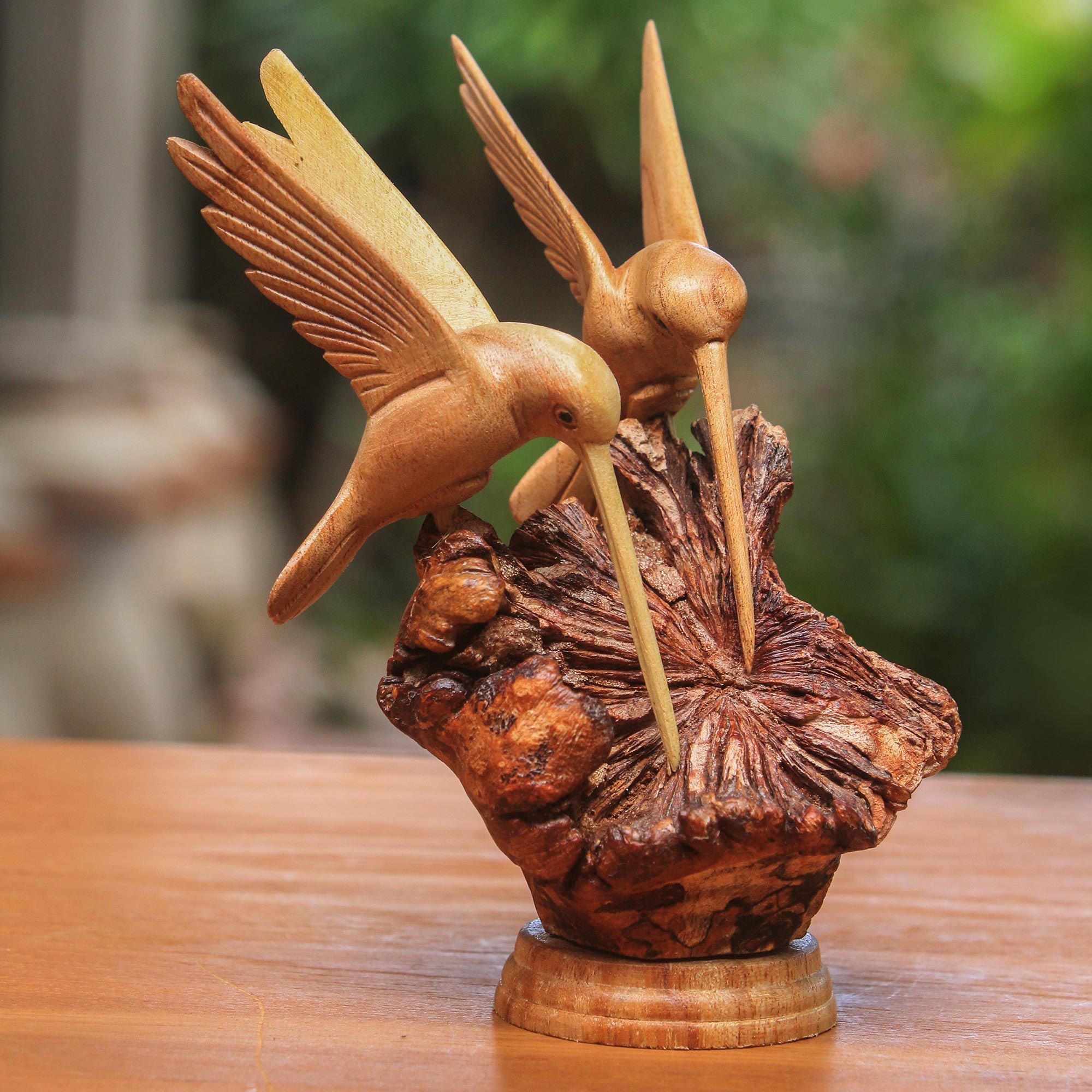 Premium Hand-Carved Hummingbird Sculpture Duo - Authentic Bali Artistry