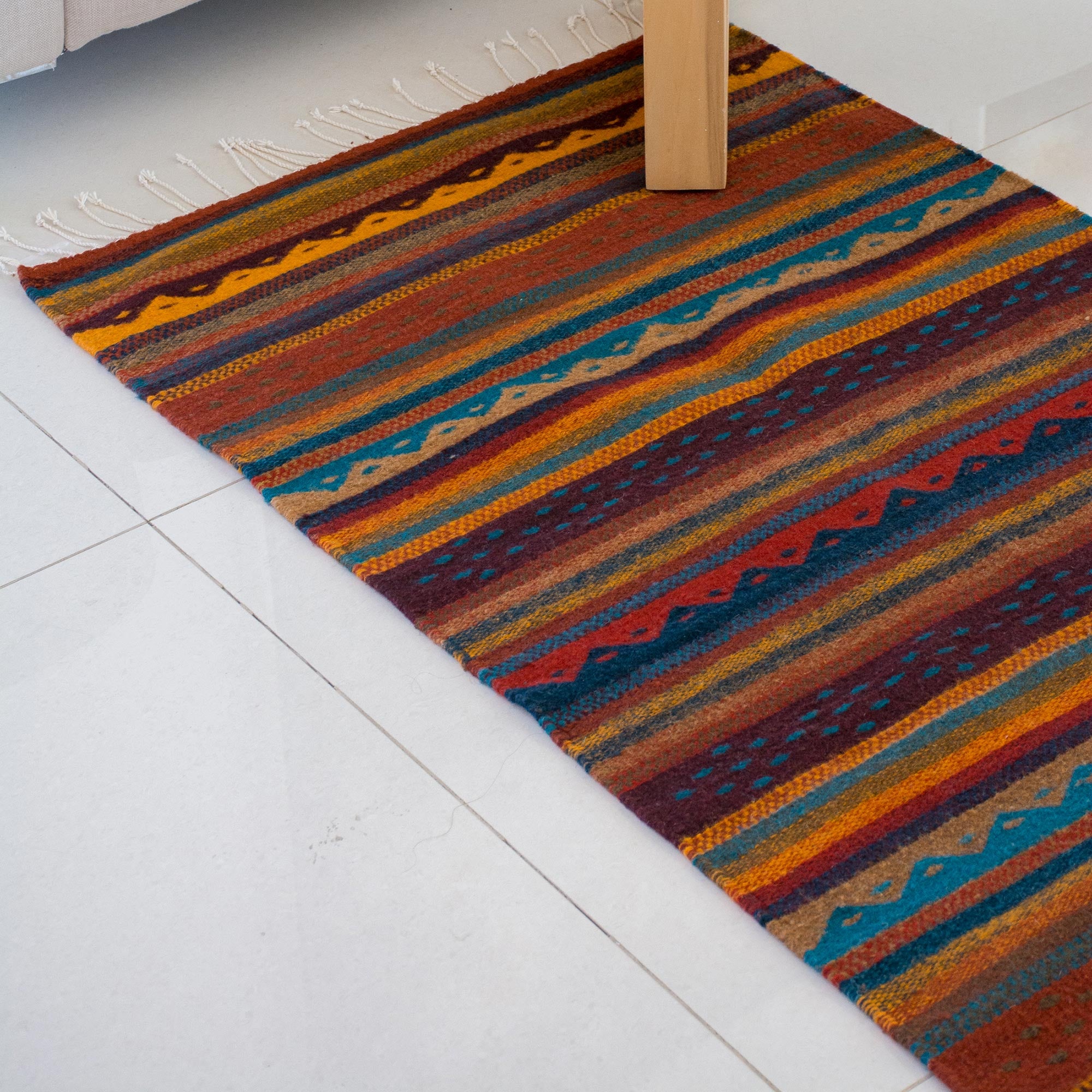 Premium Handwoven Zapotec Wool Rug - Striped Mexican Artisan Design