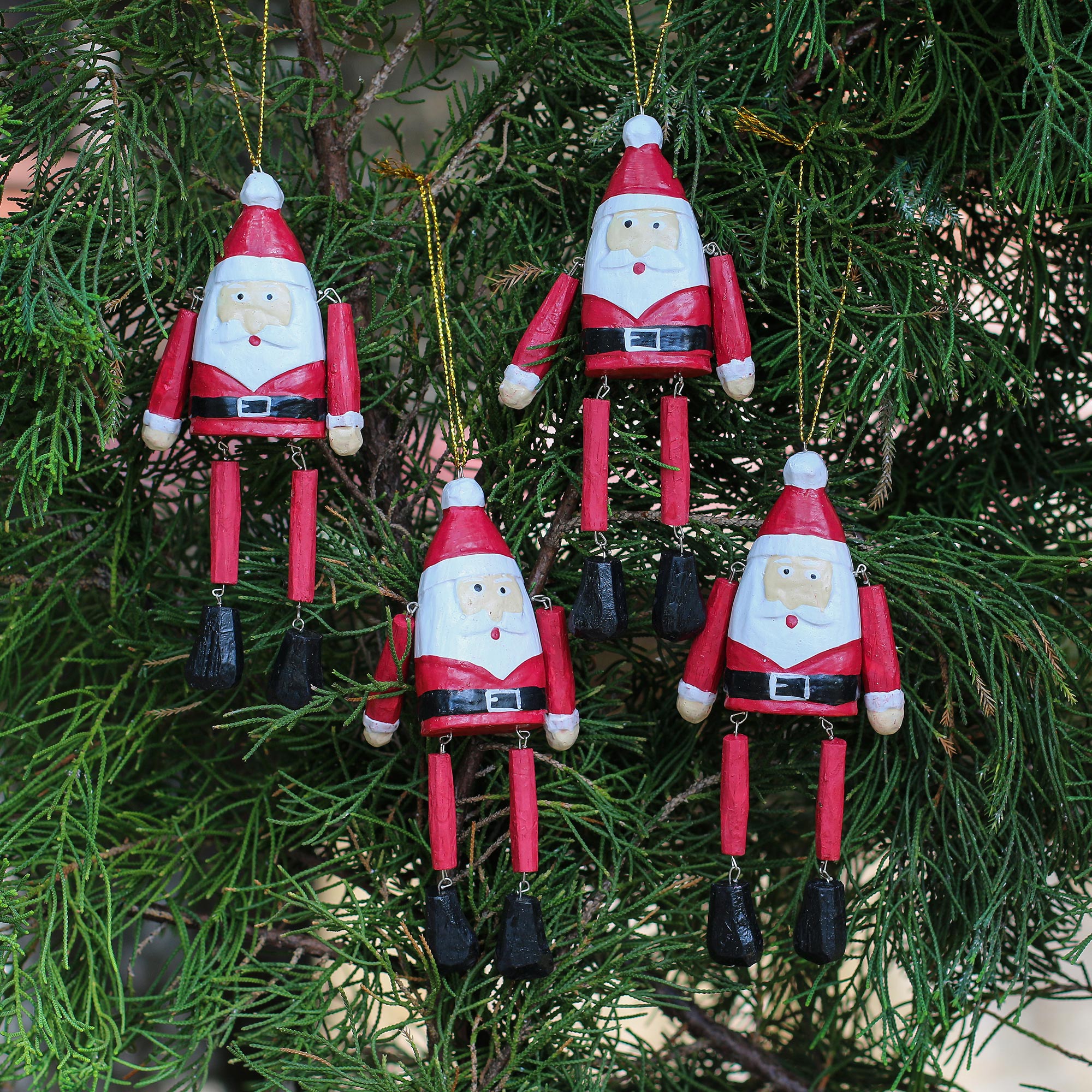 Premium Handcrafted Dancing Santa Ornaments from Bali - Set of 4