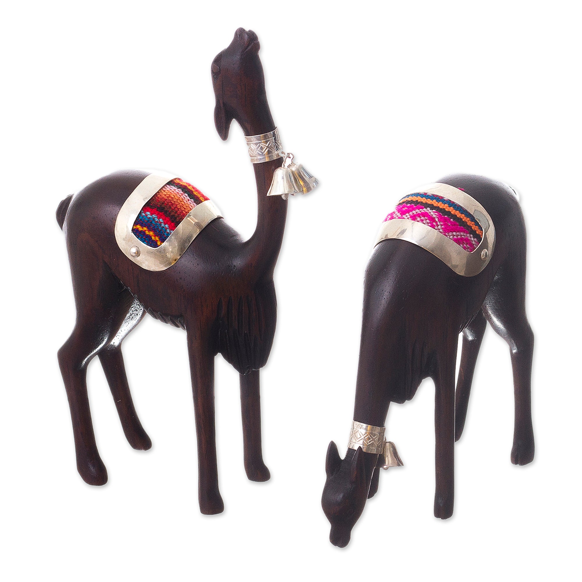 Premium Hand-Carved Vicuña Figurines from Peru - Silver & Cedar Wood Pair