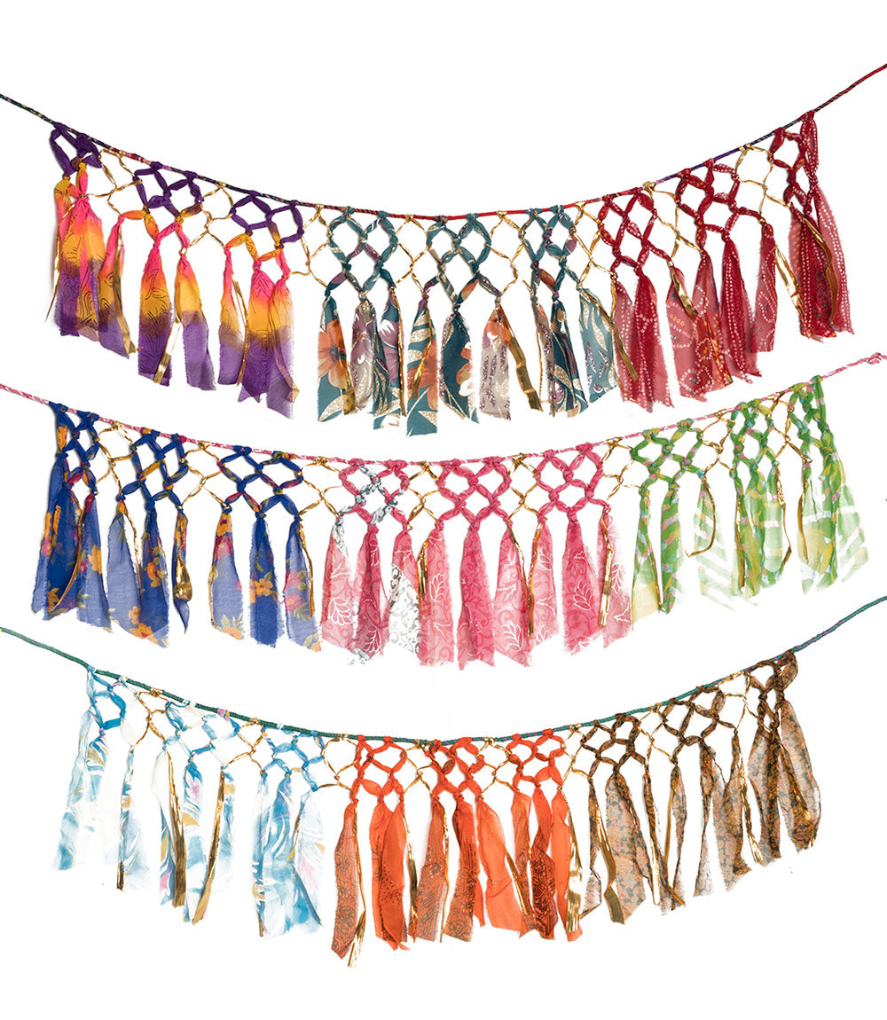 Premium Gold & Sari Macrame Garland - Handmade Festive Decor