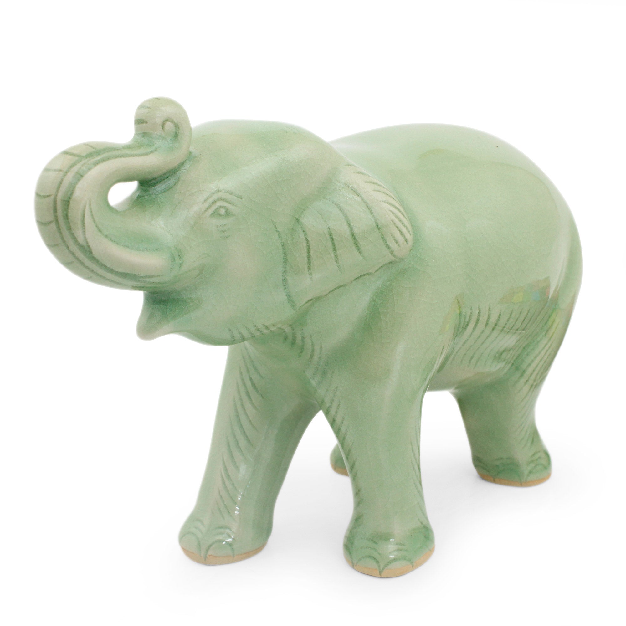Premium Thai Celadon Elephant Figurine - Handcrafted Artisan Design