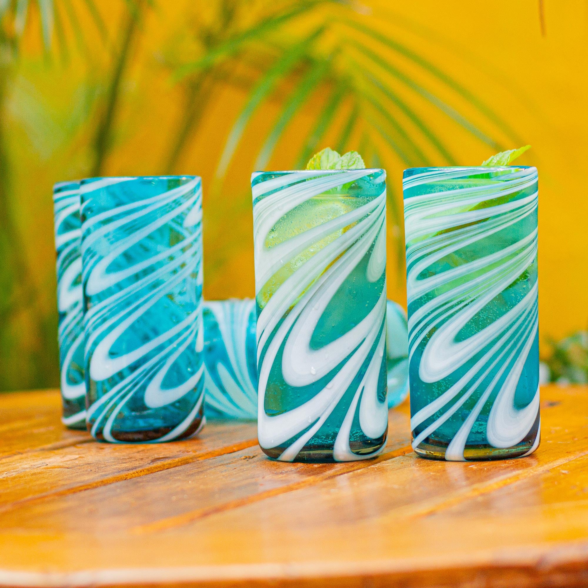 Premium Whirling Aquamarine Hand-Blown Highball Glasses - Set of 6