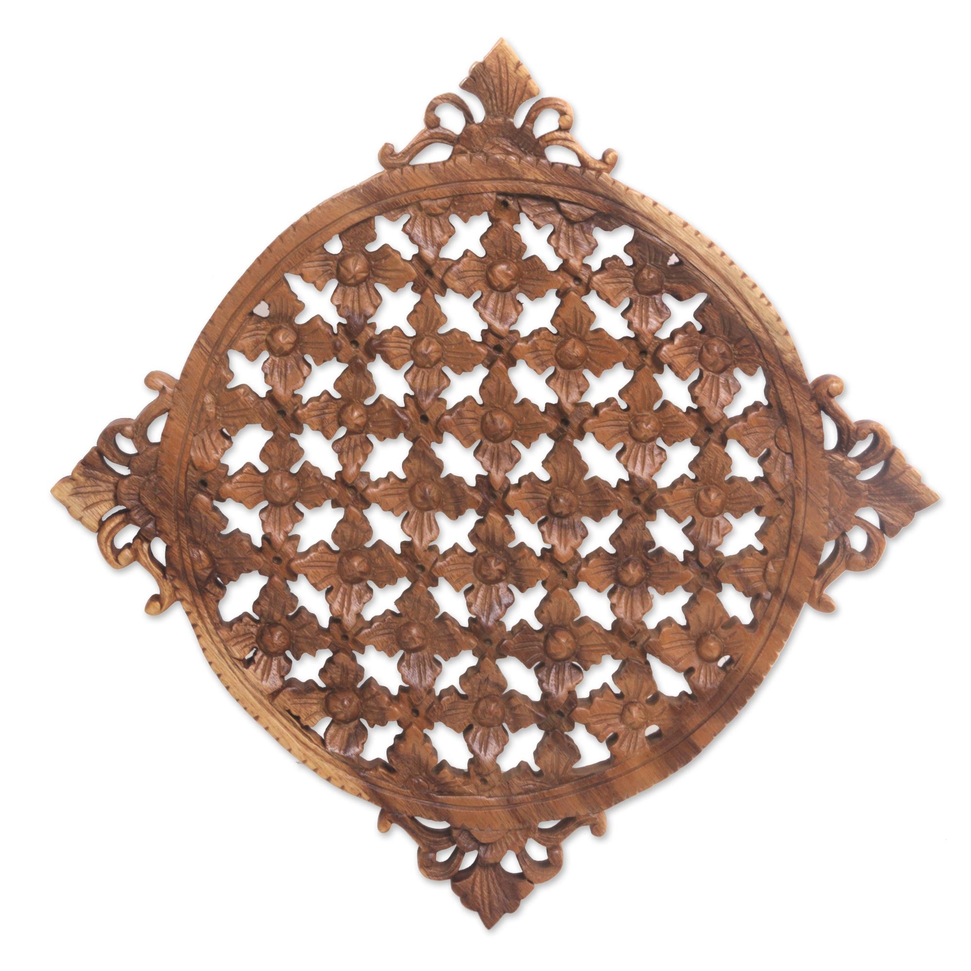 Premium Hand-Carved Floral Wood Wall Art - Elegant Indonesian Suar Wood Relief