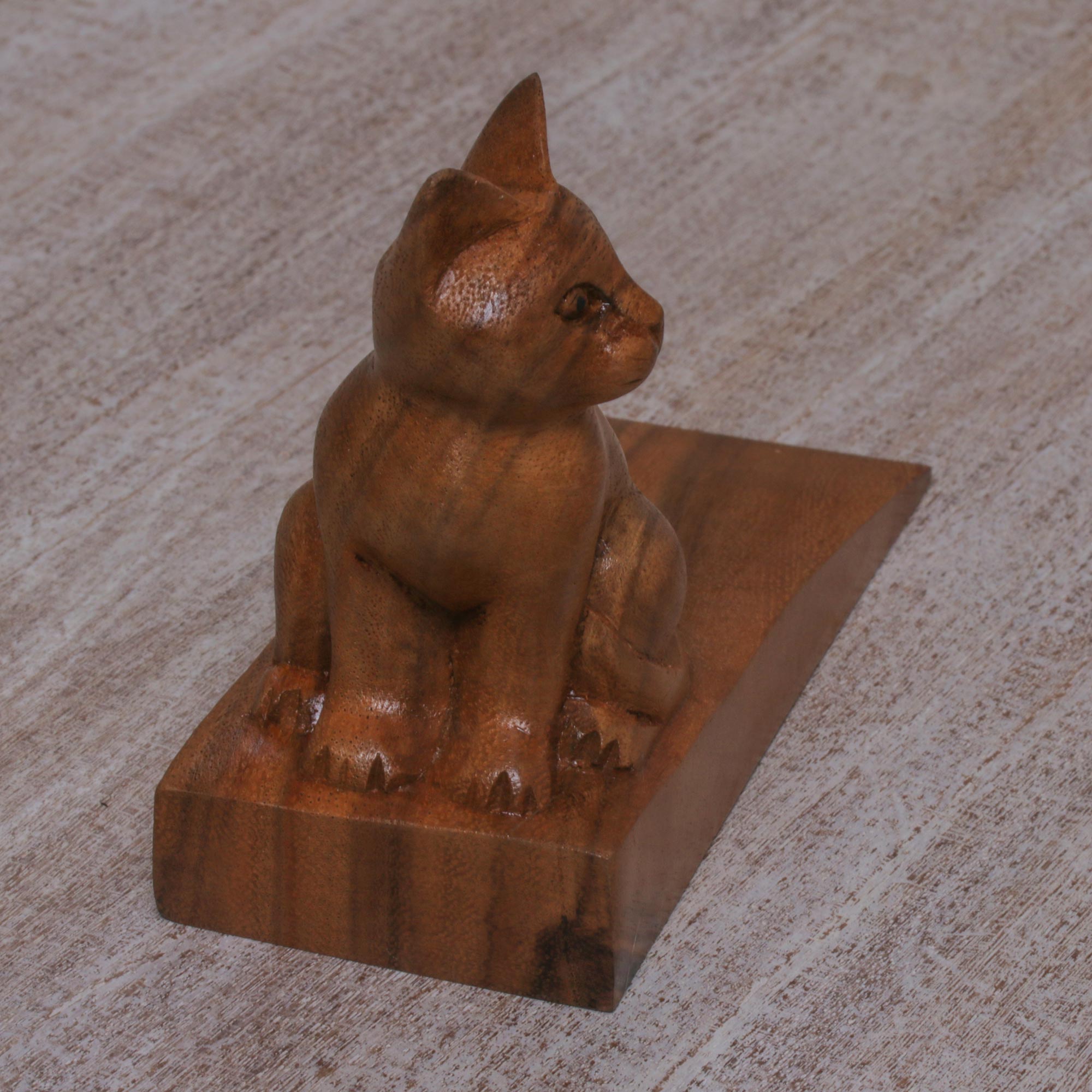 Premium Handcrafted Suar Wood Kitten Doorstop - Natural Brown Finish
