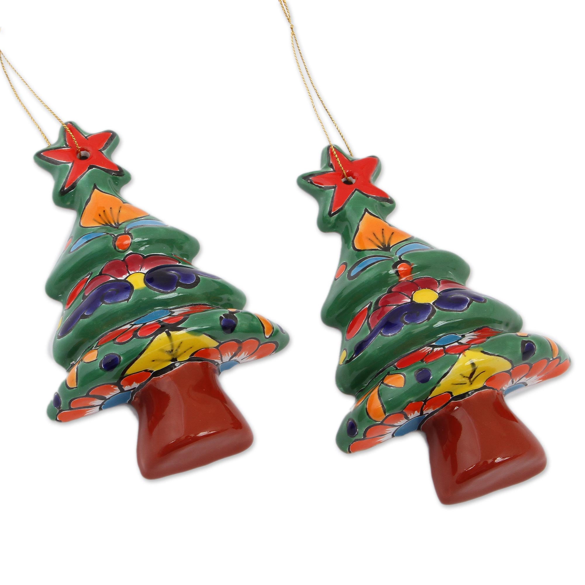 Premium Talavera Floral Ceramic Christmas Ornaments - Handcrafted Pair from Mexico