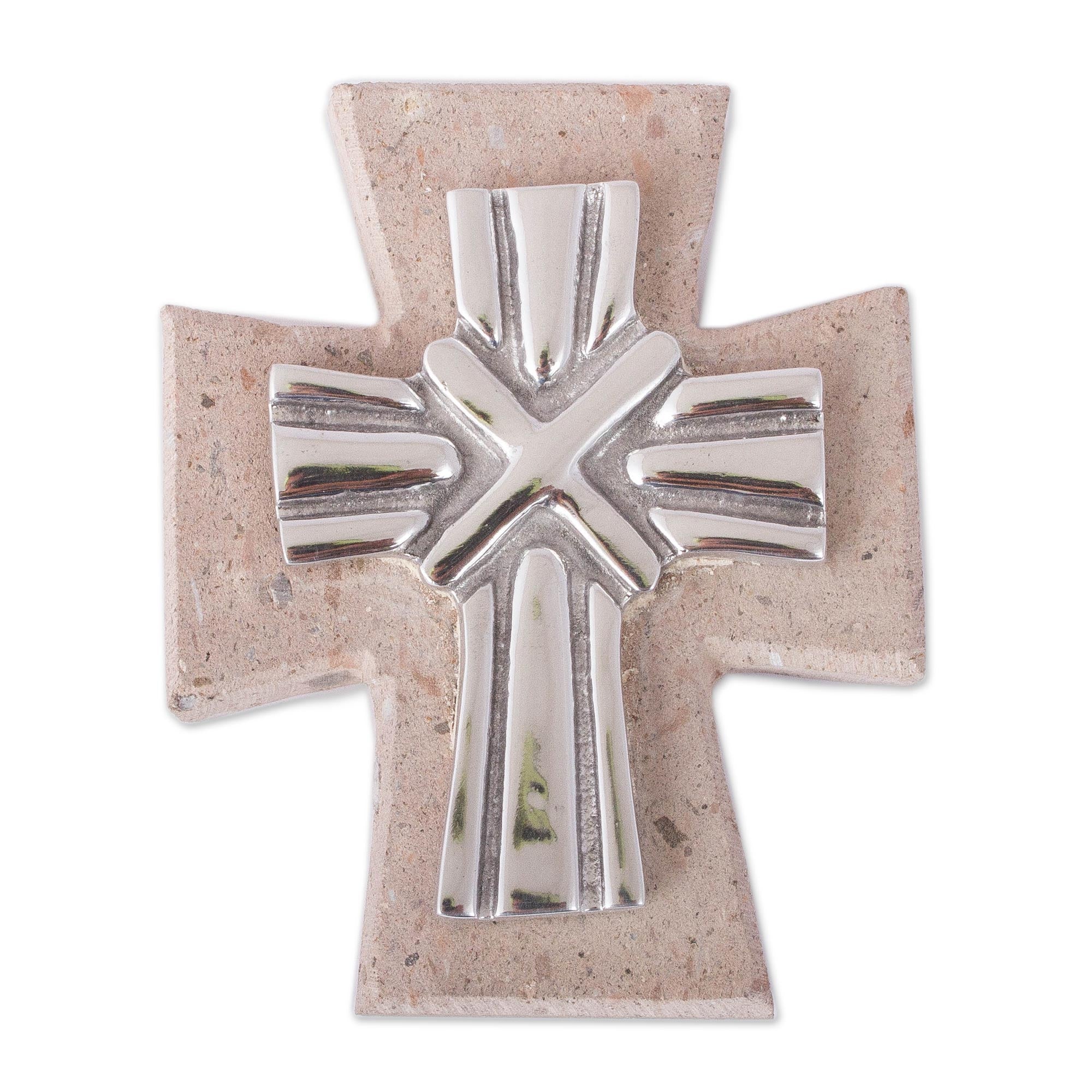 Premium Strapped Cross Wall Art: Pewter & Reclaimed Stone from Mexico