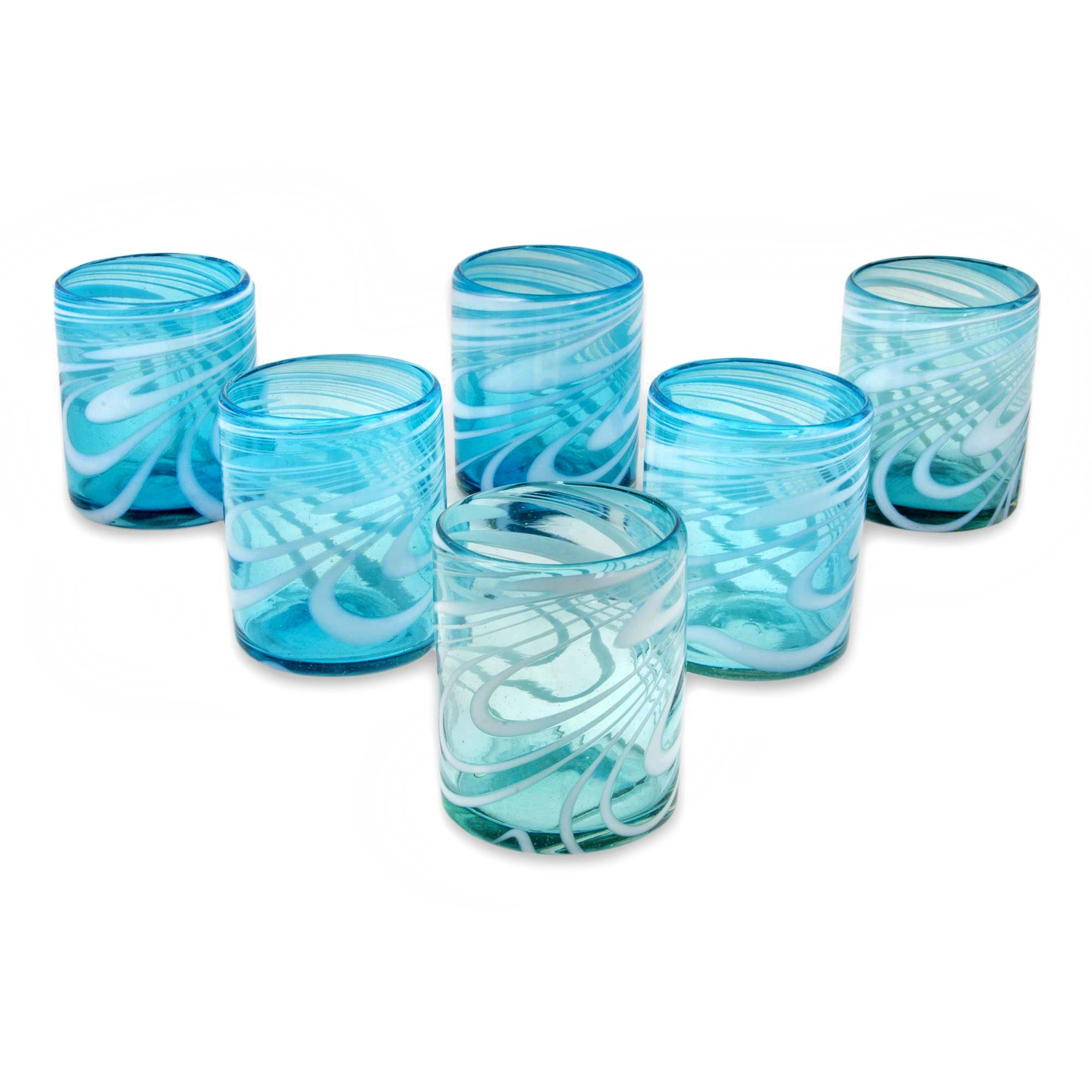 Premium Whirling Aquamarine Hand-Blown Rock Glasses - Set of 6