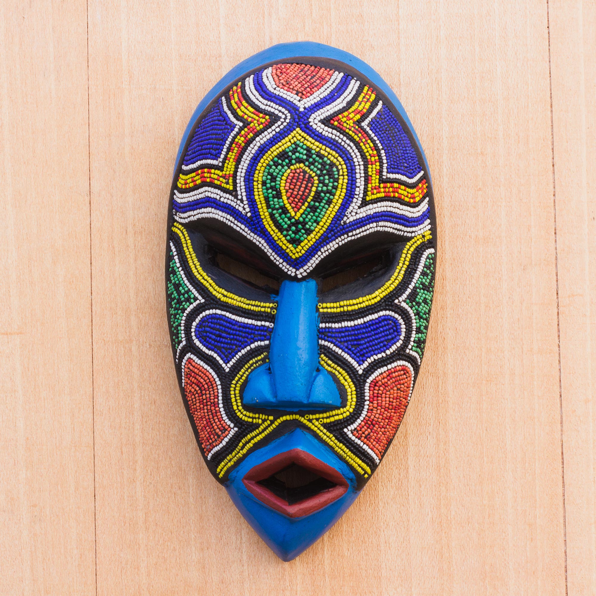 Premium Handcrafted Beaded African Wood Mask - Recycled Plastic Decor from Ghana