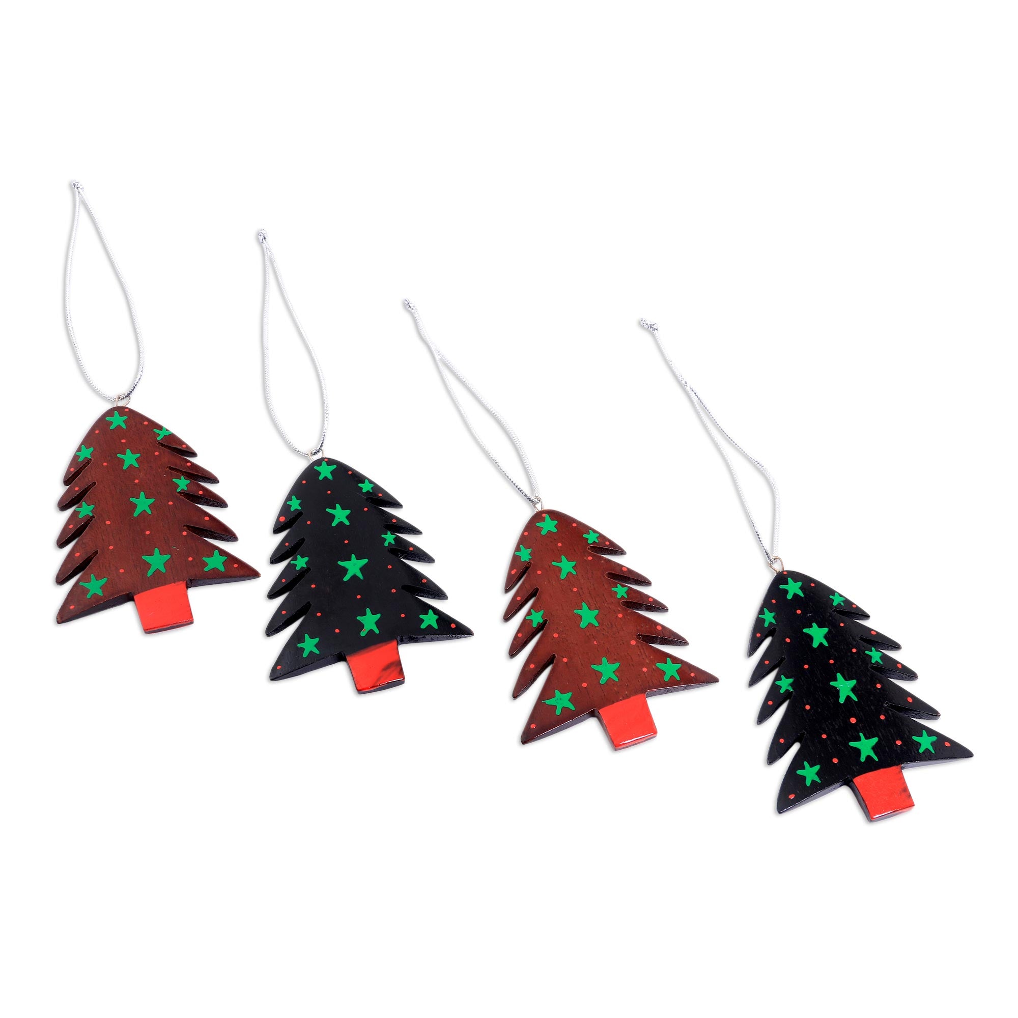 Premium Hand-Painted Mahogany Tree Ornaments - Set of 4 (Starlit Collection)