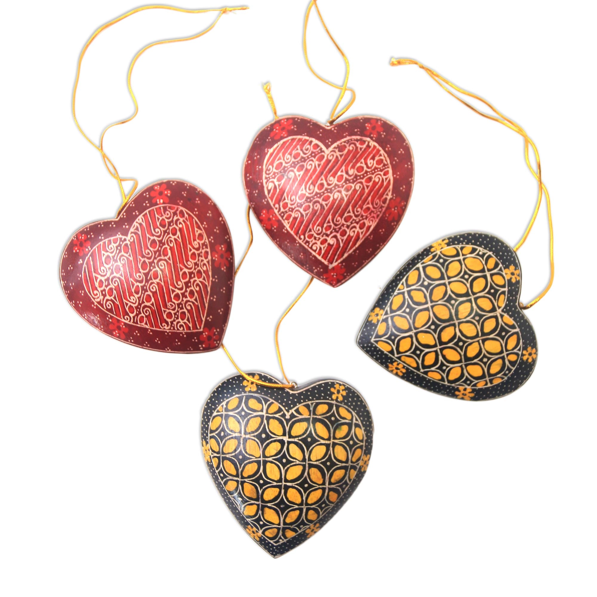 Premium Handcrafted Batik Wood Heart Ornaments - Set of 4, Traditional Java Design
