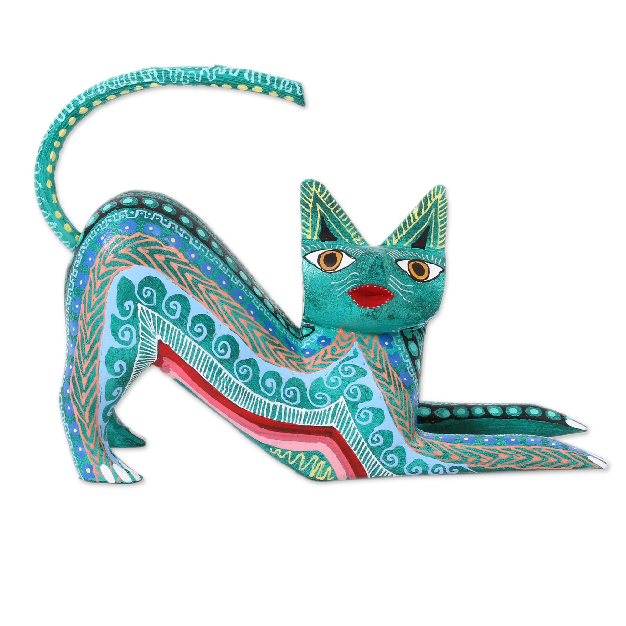Premium Hand-Carved Green Cat Alebrije - Mexican Folk Art Figurine