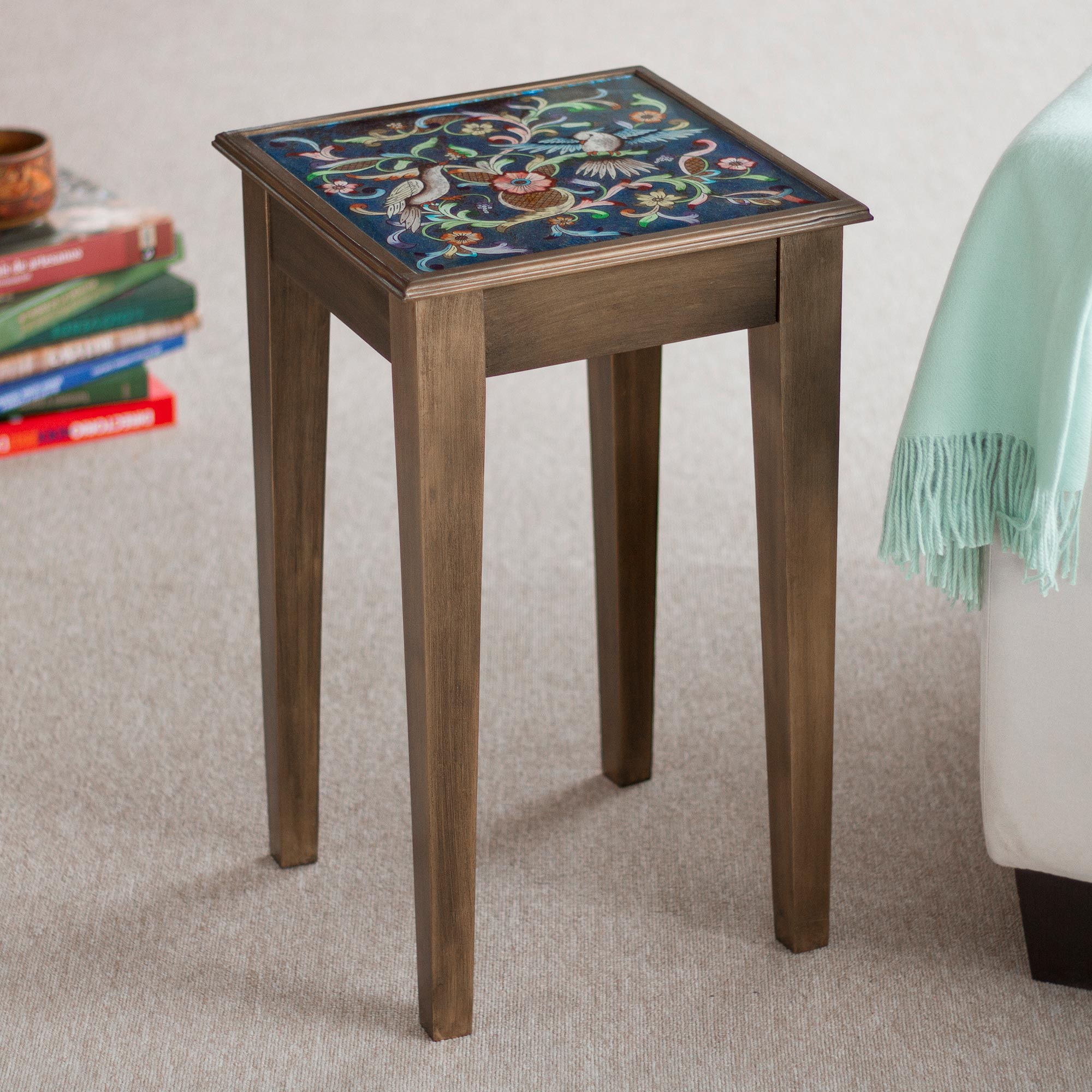 Premium Hand-Painted Glass & Cedar Wood Accent Table - 'Birds in the Heavens'