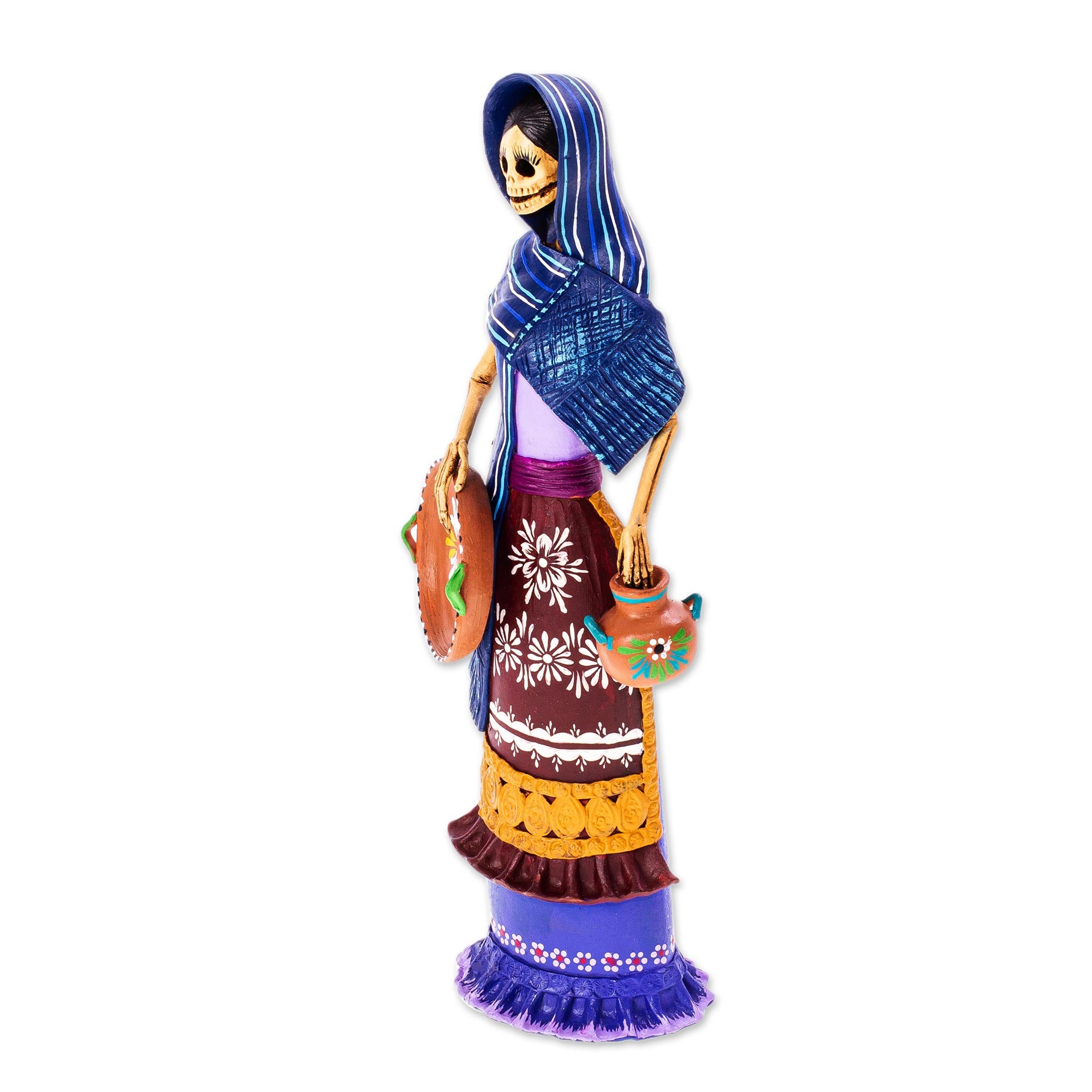 Premium Ceramic Catrina Sculpture - Doña Tomasa with Blue Mantle | Handcrafted in Mexico