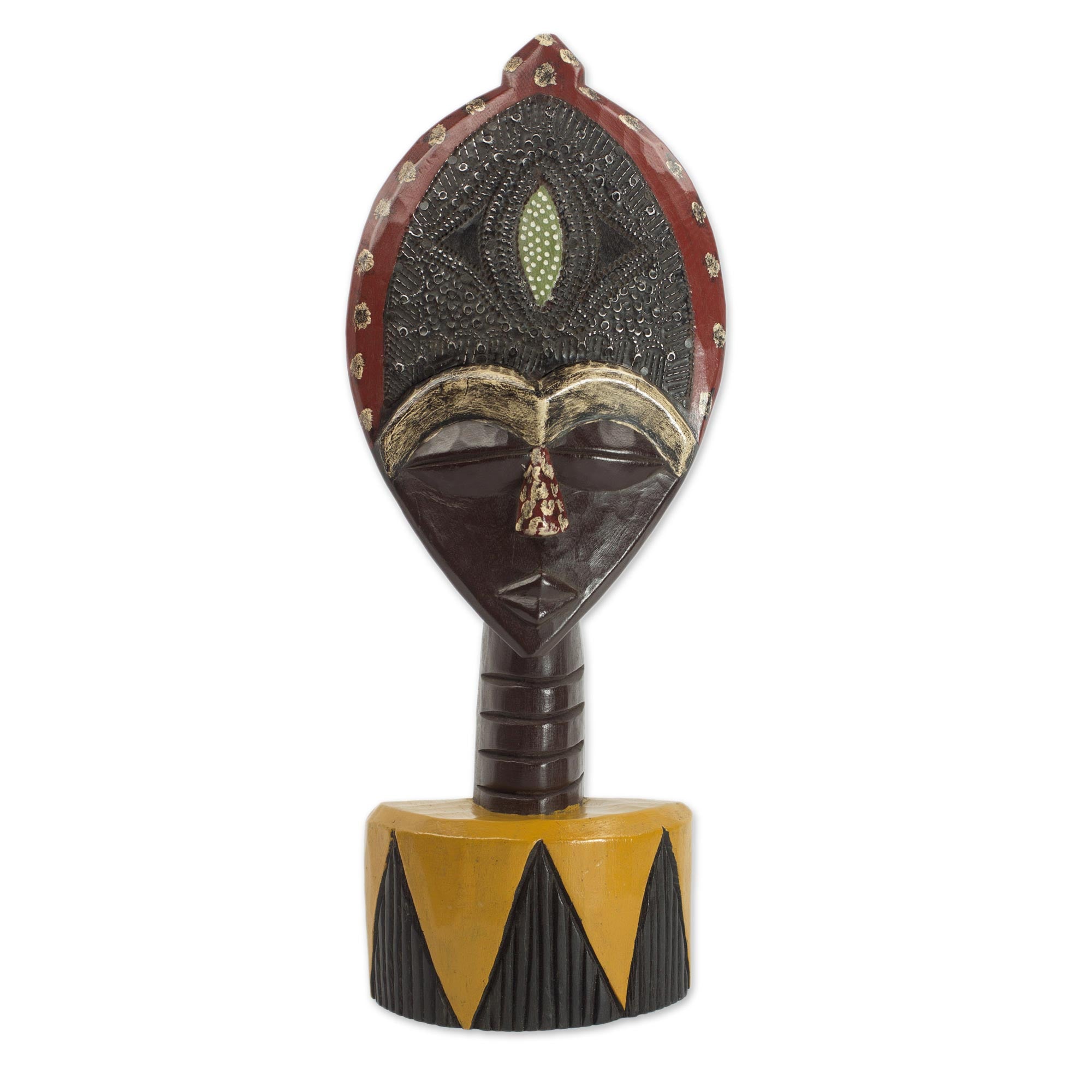 Premium Biakoye Ghanaian Sese Wood Mask Sculpture with Aluminum Plating - Handcrafted Art Piece