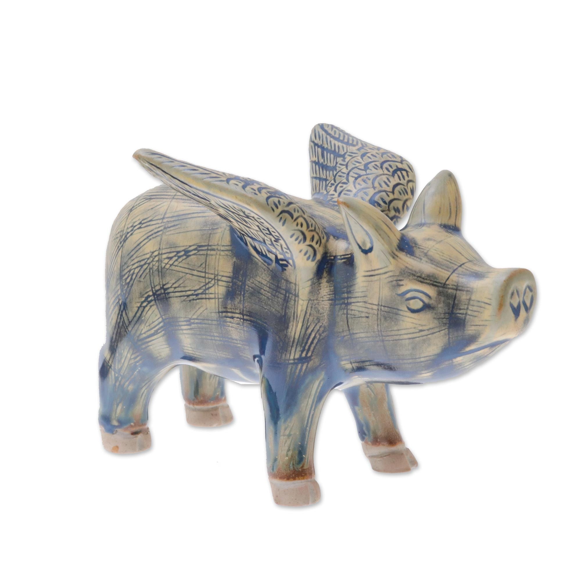 Premium Handcrafted Celadon Ceramic Flying Pig Figurine in Mustard & Blue