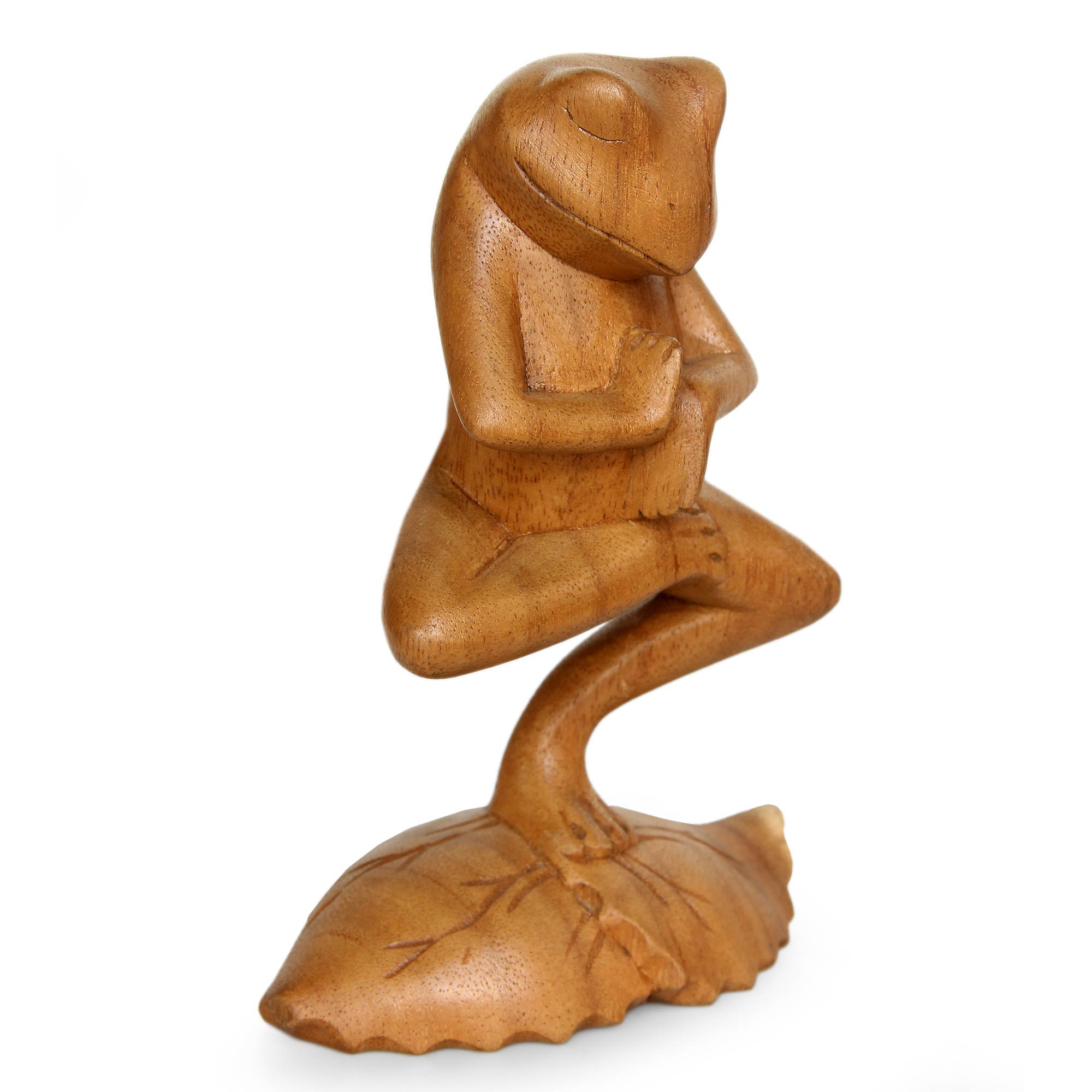 Premium Yoga Tree Pose Frog Sculpture - Handcrafted Suar Wood Art