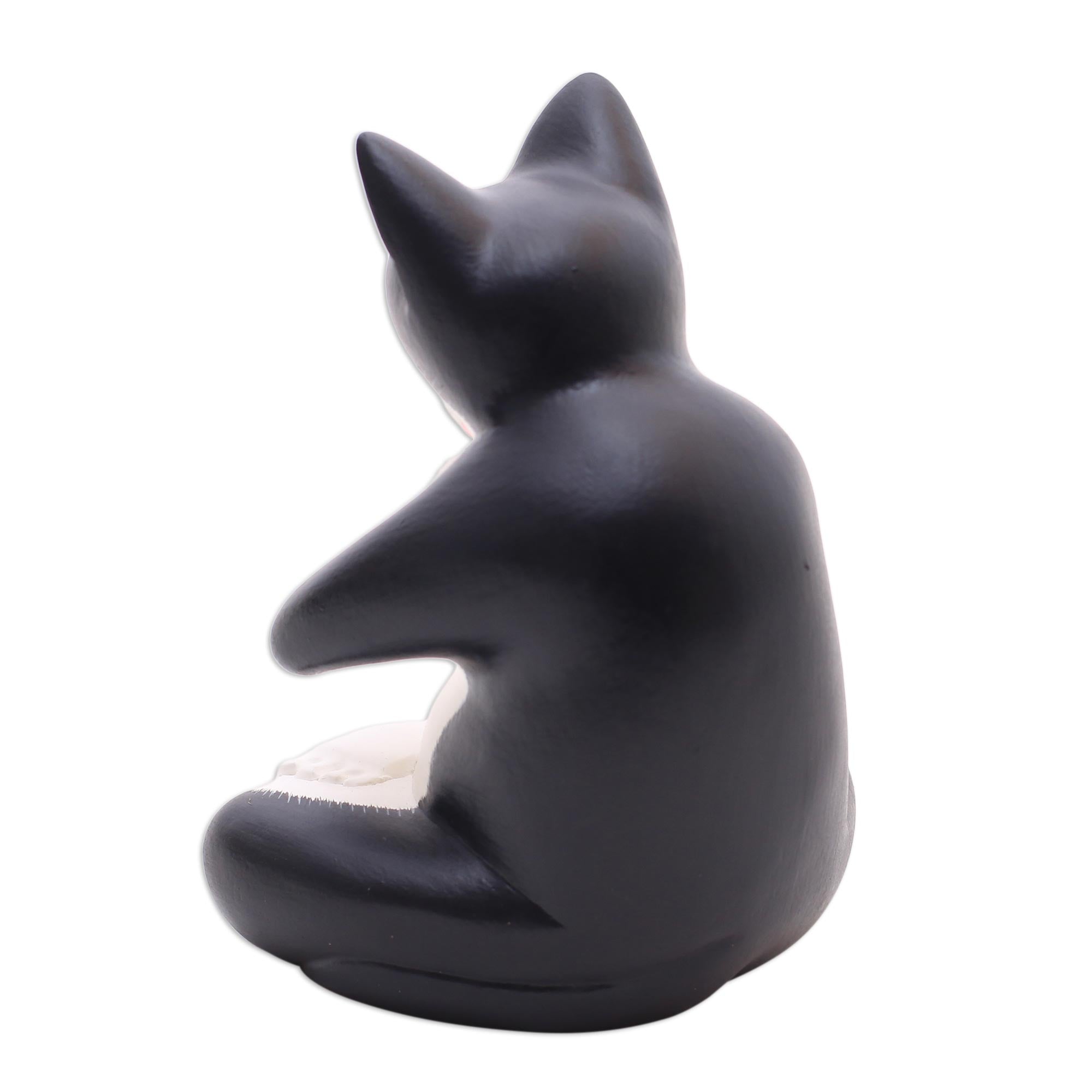 Premium Meditating Tuxedo Cat Wood Sculpture - Handcrafted in Bali