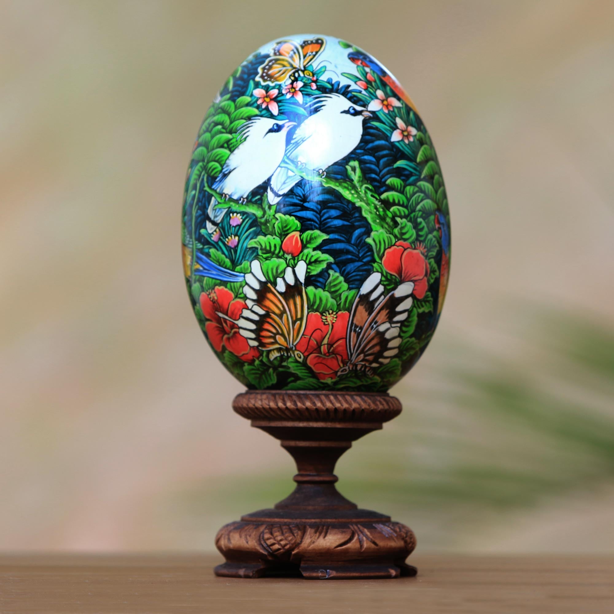 Premium Hand-Painted Albesia Wood Forest Animal Egg Sculpture - Unique Artisan Craft