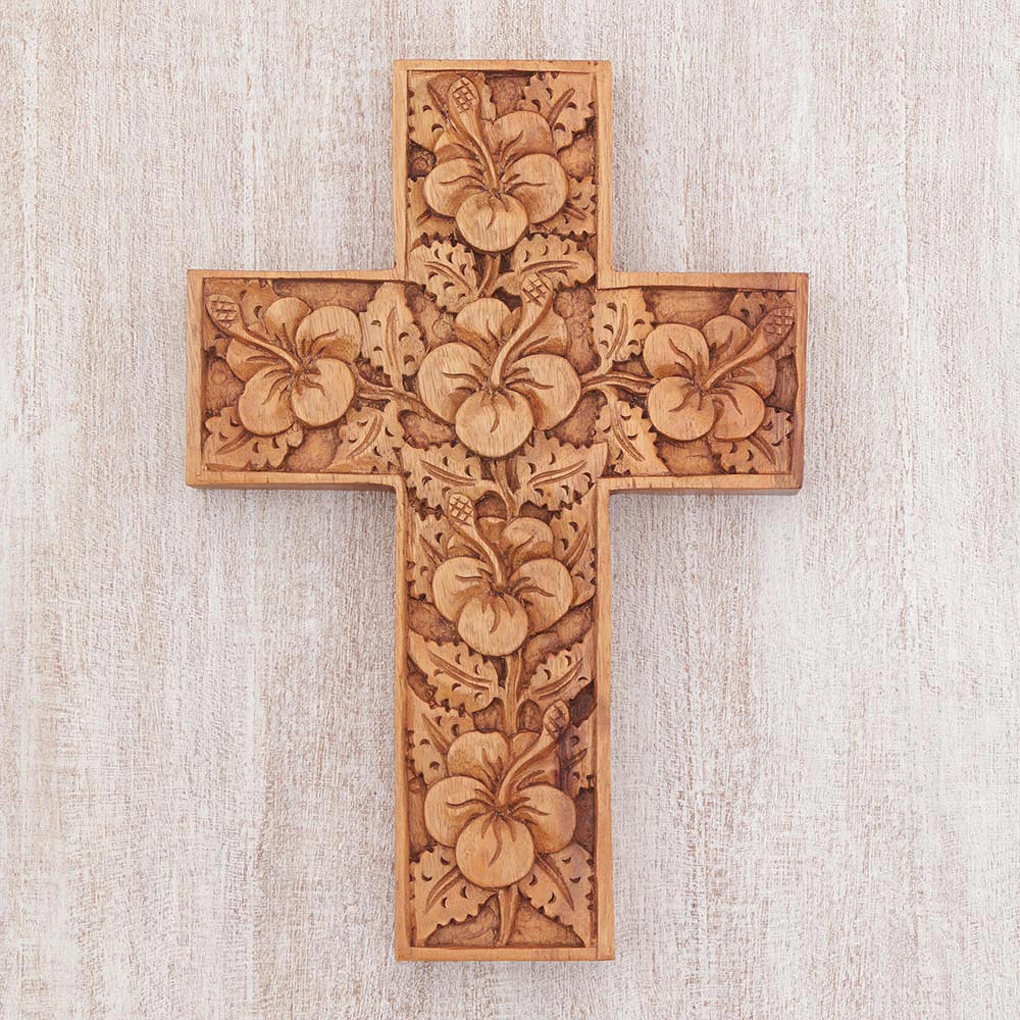 Premium Hand-Carved Hibiscus Wood Cross Sculpture - Tropical Elegance