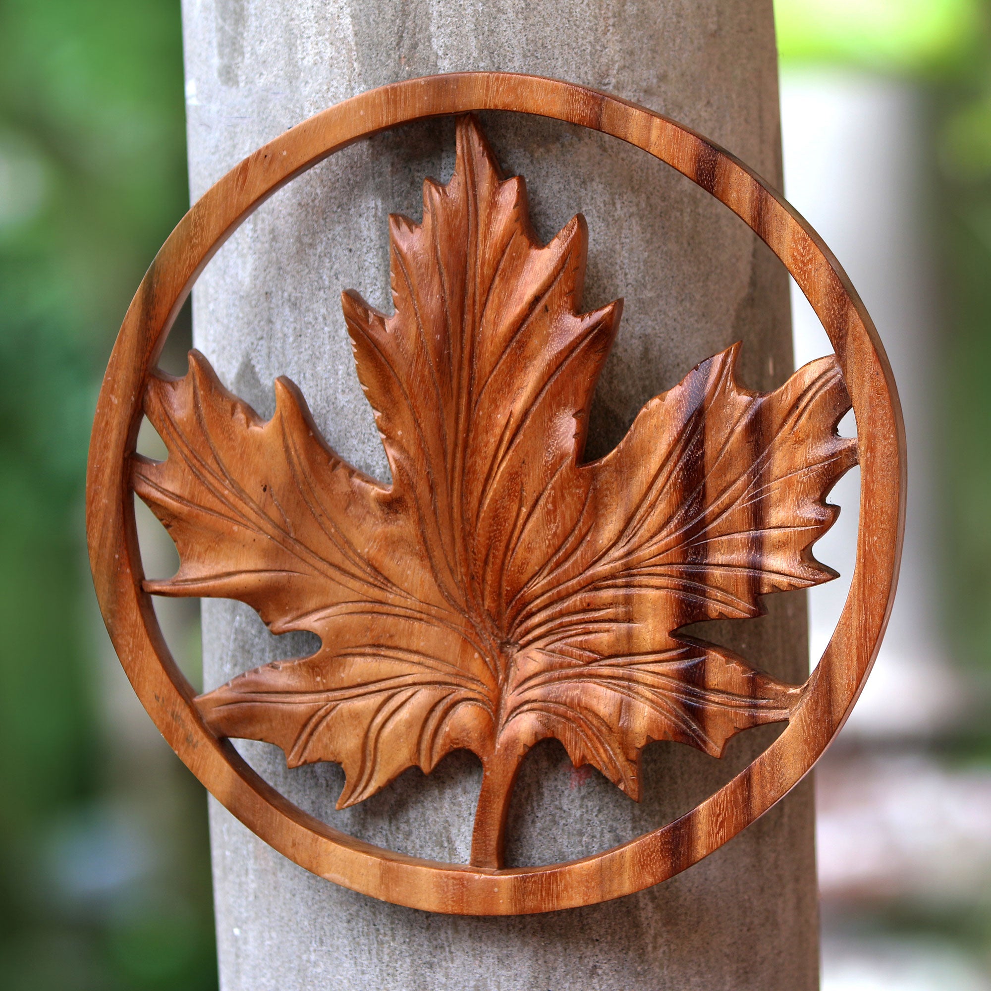 Premium Hand-Carved Maple Leaf Suar Wood Art Panel from Bali