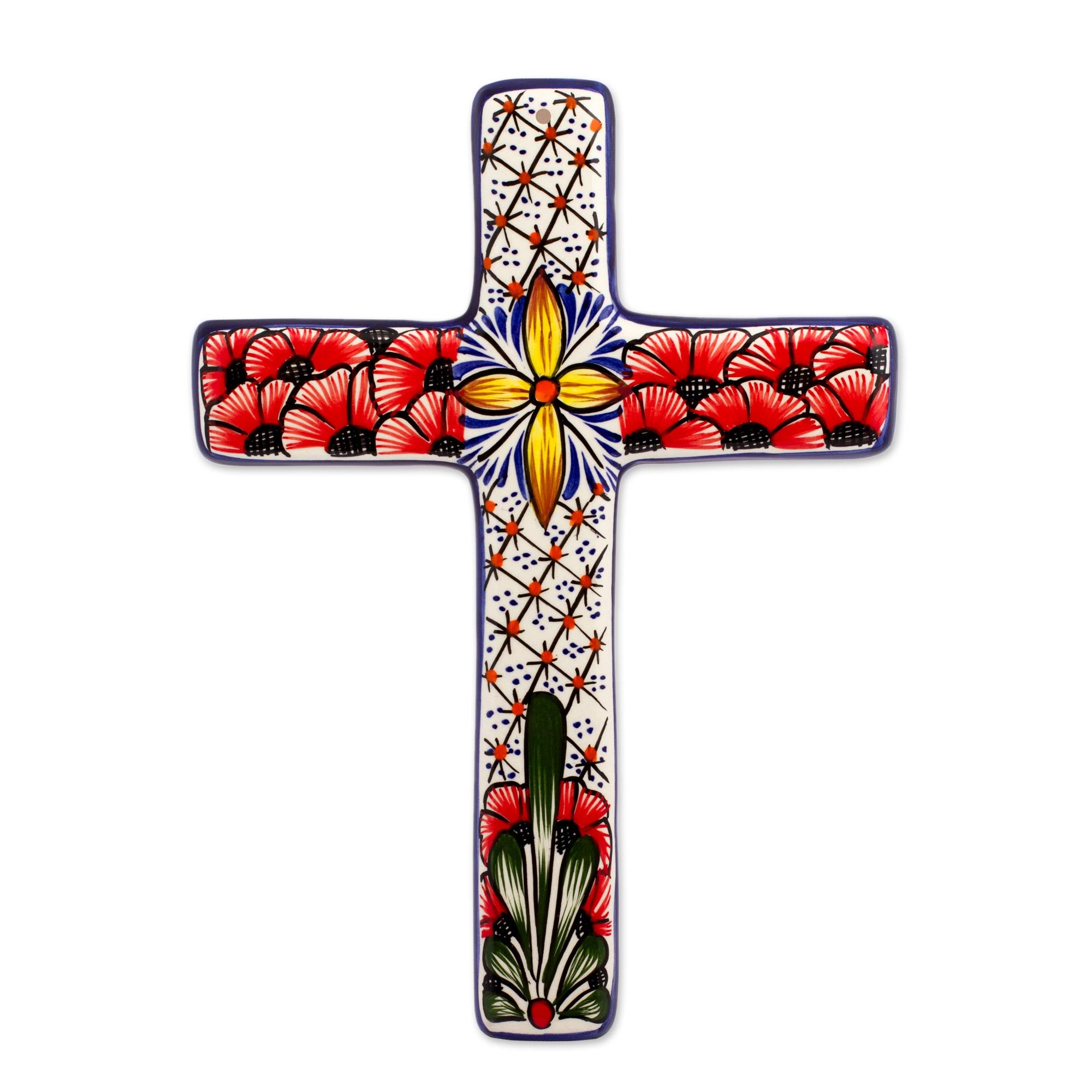 Premium Handcrafted Mexican Ceramic Wall Cross - Floral Motif Design
