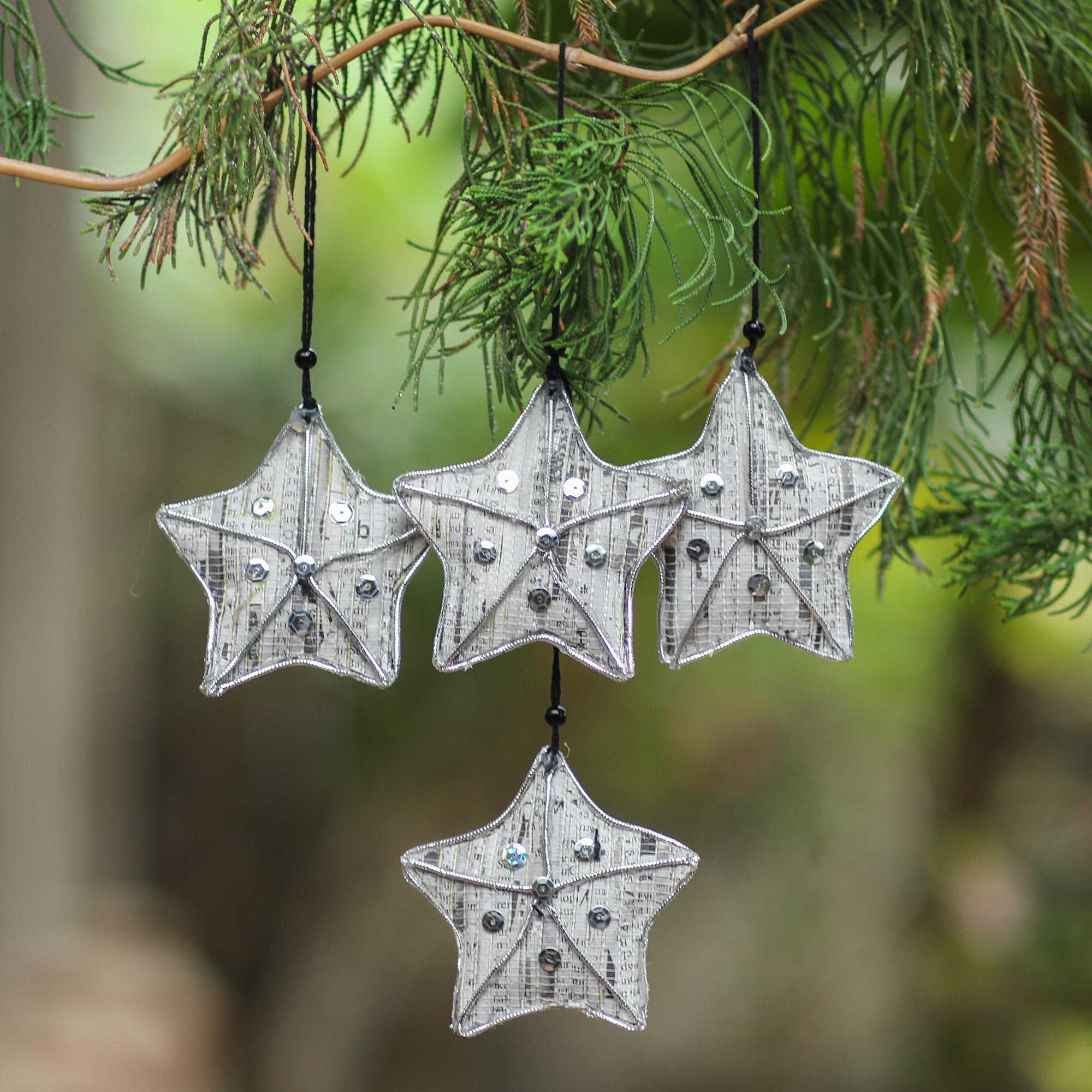Premium Eco-Friendly Recycled Newspaper Star Ornaments (Set of 4) – Handcrafted Holiday Sparkle