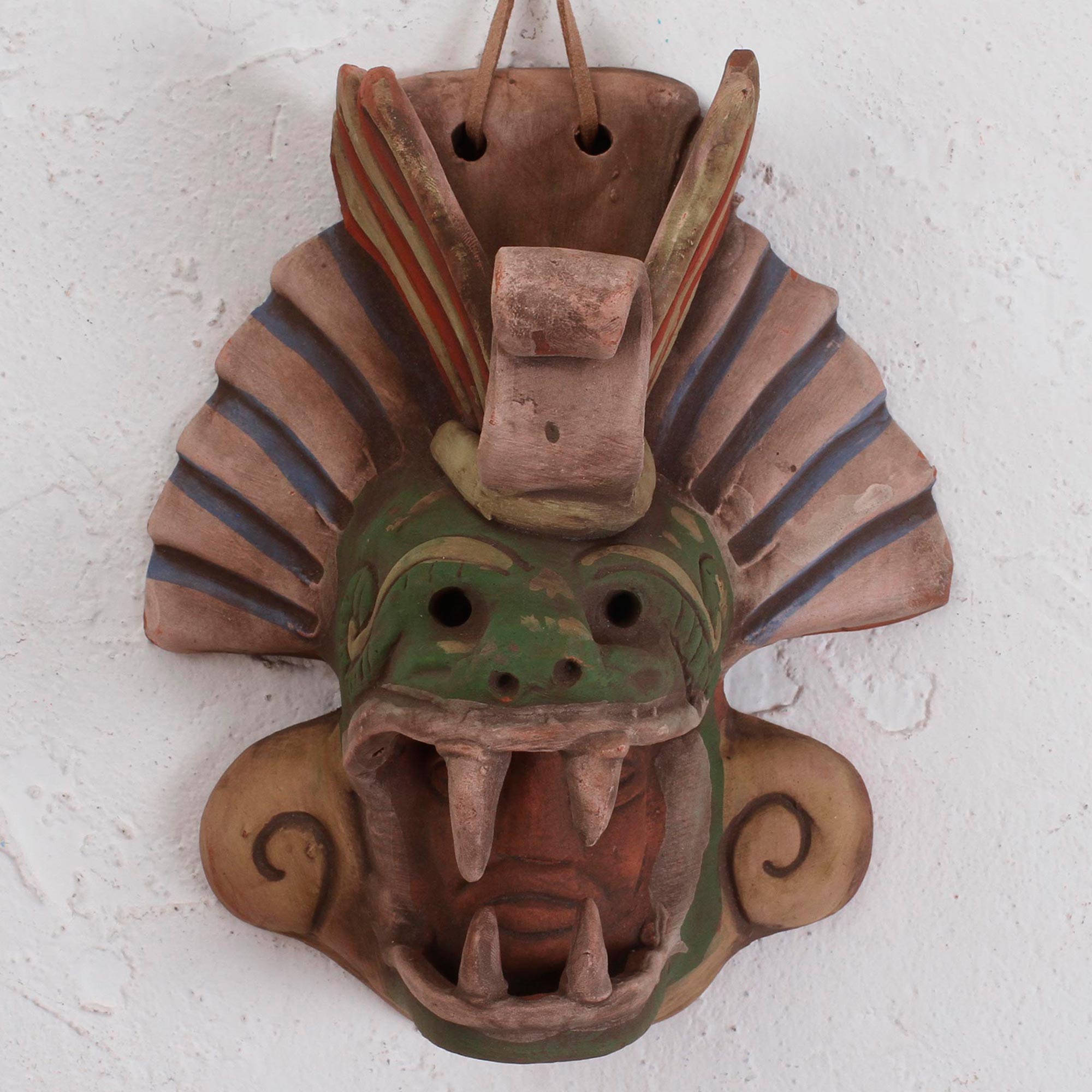 Premium Quetzalcoatl Handcrafted Ceramic Wall Mask - Earthtone Feathered Serpent Design